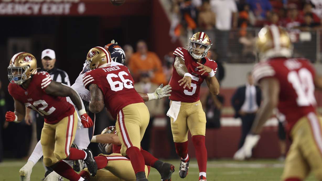 San Francisco 49ers quarterback Trey Lance (5) passes the ball against the Denver Broncos during the second half of an NFL preseason football game in Santa Clara, Calif., Saturday, Aug. 19, 2023.