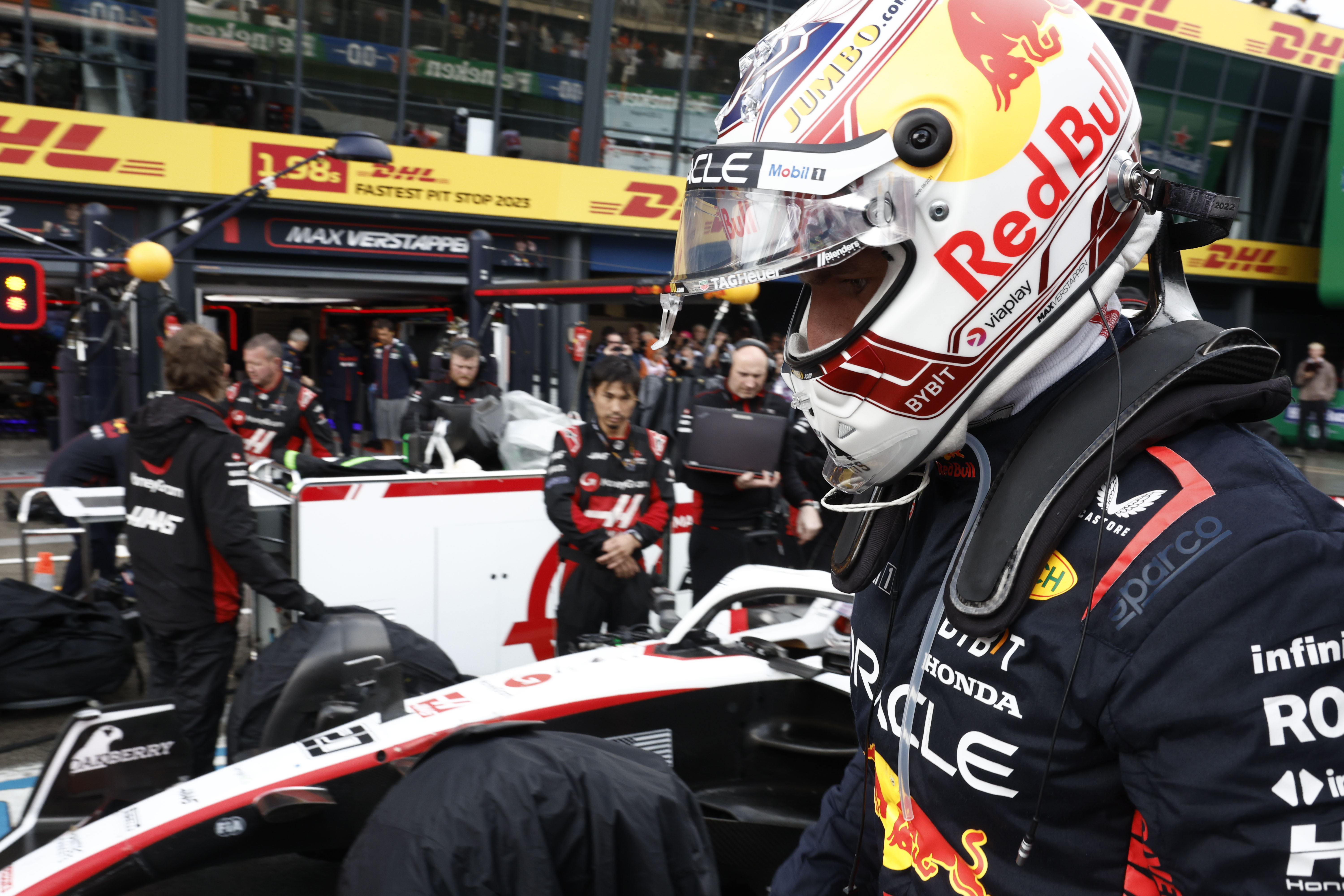 Red Bull driver Max Verstappen of the Netherlands prepares to board his car during the Formula One Dutch Grand Prix , at the Zandvoort racetrack, in Zandvoort, Netherlands, Sunday, Aug. 27, 2023.
