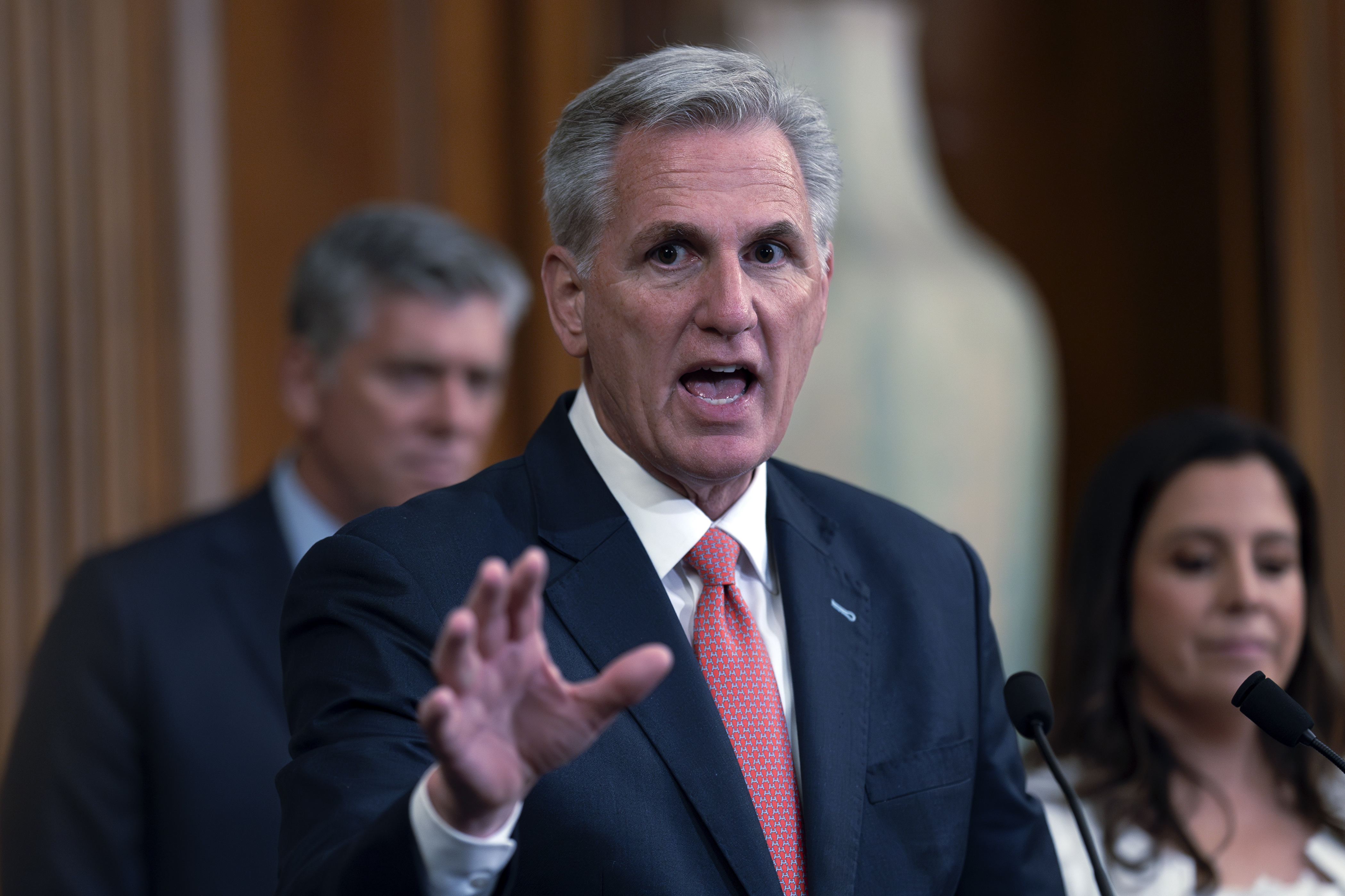 Speaker of the House Kevin McCarthy, R-Calif., speaks at the Capitol in Washington, July 27. McCarthy suggested Sunday that an impeachment inquiry of President Joe Biden was becoming more likely, calling it “a natural step."