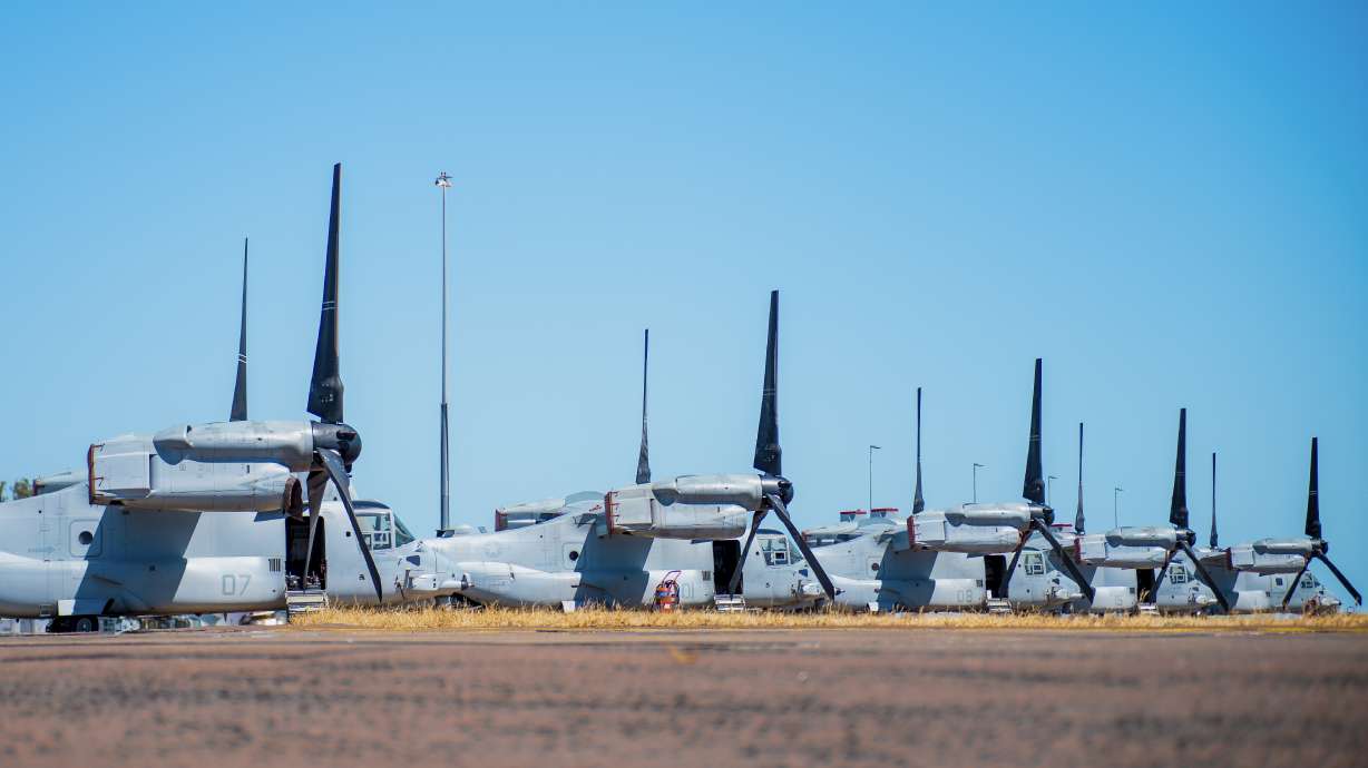 U.S. Marine Corps MV-22B Osprey tiltrotor aircraft are parked at RAAF Base Darwin, Australia, Aug. 11, during Exercise Alon at the Indo-Pacific Endeavour 2023. Several U.S. Marines remained in a hospital in the Australian north coast city of Darwin on Monday after they were injured in a fiery crash of a tiltrotor aircraft on an island.
