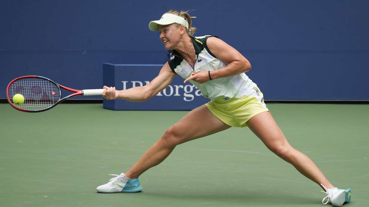 Fiona Ferro, of France, returns a shot to Victoria Azarenka, of Belarus, during the first round of the U.S. Open tennis championships, Monday, Aug. 28, 2023, in New York.