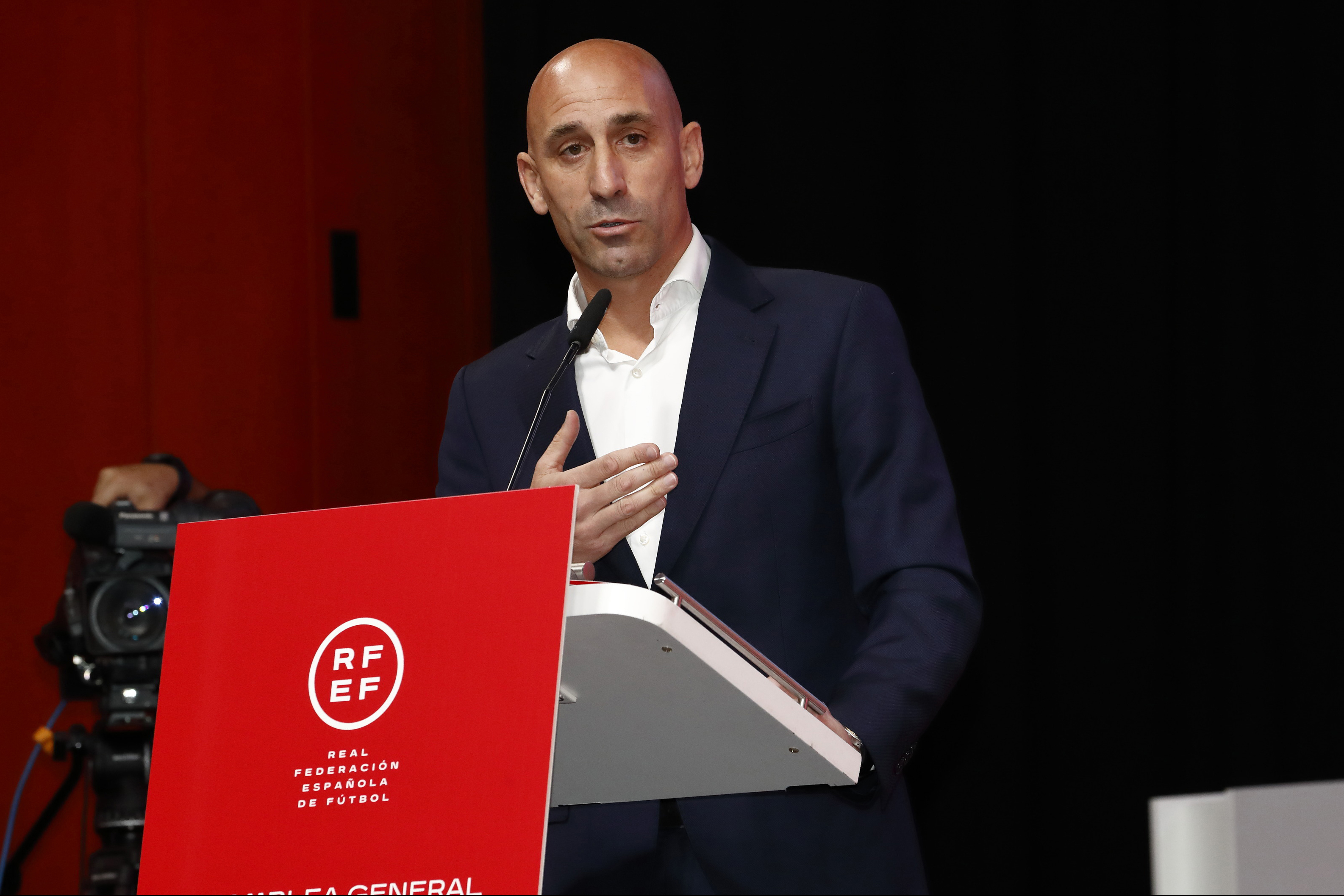 The president of the Spanish soccer federation Luis Rubiales speaks during an emergency general assembly meeting in Las Rozas, Friday Aug. 25, 2023. Rubiales has refused to resign despite an uproar for kissing a player, Jennifer Hermoso on the lips without her consent after the Women's World Cup final. Rubiales had also grabbed his crotch in a lewd victory gesture from the section of dignitaries with Spain's Queen Letizia and the 16-year old Princess Sofía nearby. 
