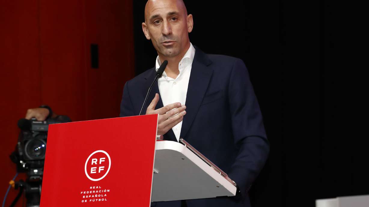 The president of the Spanish soccer federation Luis Rubiales speaks during an emergency general assembly meeting in Las Rozas, Friday Aug. 25, 2023. Rubiales has refused to resign despite an uproar for kissing a player, Jennifer Hermoso on the lips without her consent after the Women's World Cup final. Rubiales had also grabbed his crotch in a lewd victory gesture from the section of dignitaries with Spain's Queen Letizia and the 16-year old Princess SofĂa nearby.