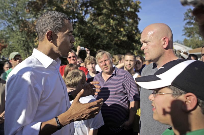 FILE - Democratic presidential candidate, U.S. Sen. Barack Obama, D-Ill., left, answers a question from Joe Wurzelbacher, also known as "Joe the Plumber," right, in Holland, Ohio, Oct. 12, 2008. Wurzelbacher, who was thrust into the political spotlight as “Joe the Plumber” after questioning former President Obama about his economic policies during the 2008 presidential campaign, has died, his son said Monday, Aug. 28, 2023. He was 49. His oldest son, Joey Wurzelbacher, said his father died Sunday, Aug. 27, in Wisconsin after a long illness.