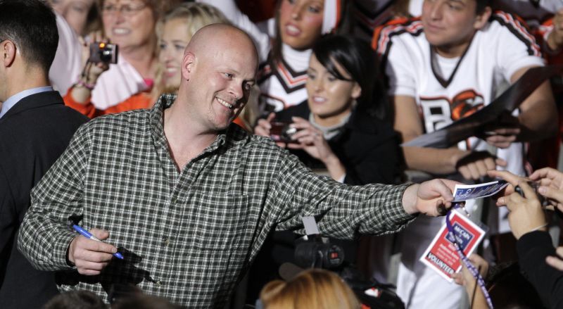 Joe Wurzelbacher, also known as "Joe the Plumber," appears at a rally in Bowling Green, Ohio, Oct. 29, 2008. Wurzelbacher, who was thrust into the political spotlight during the 2008 presidential campaign, has died, his son said Monday. He was 49.