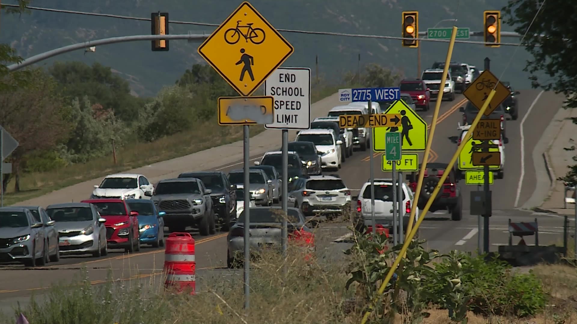 Traffic is seen backed-up traffic on 5600 South in Roy on Monday. Some parents and children in Roy must navigate past construction as part of their walk to one of the nearby schools.