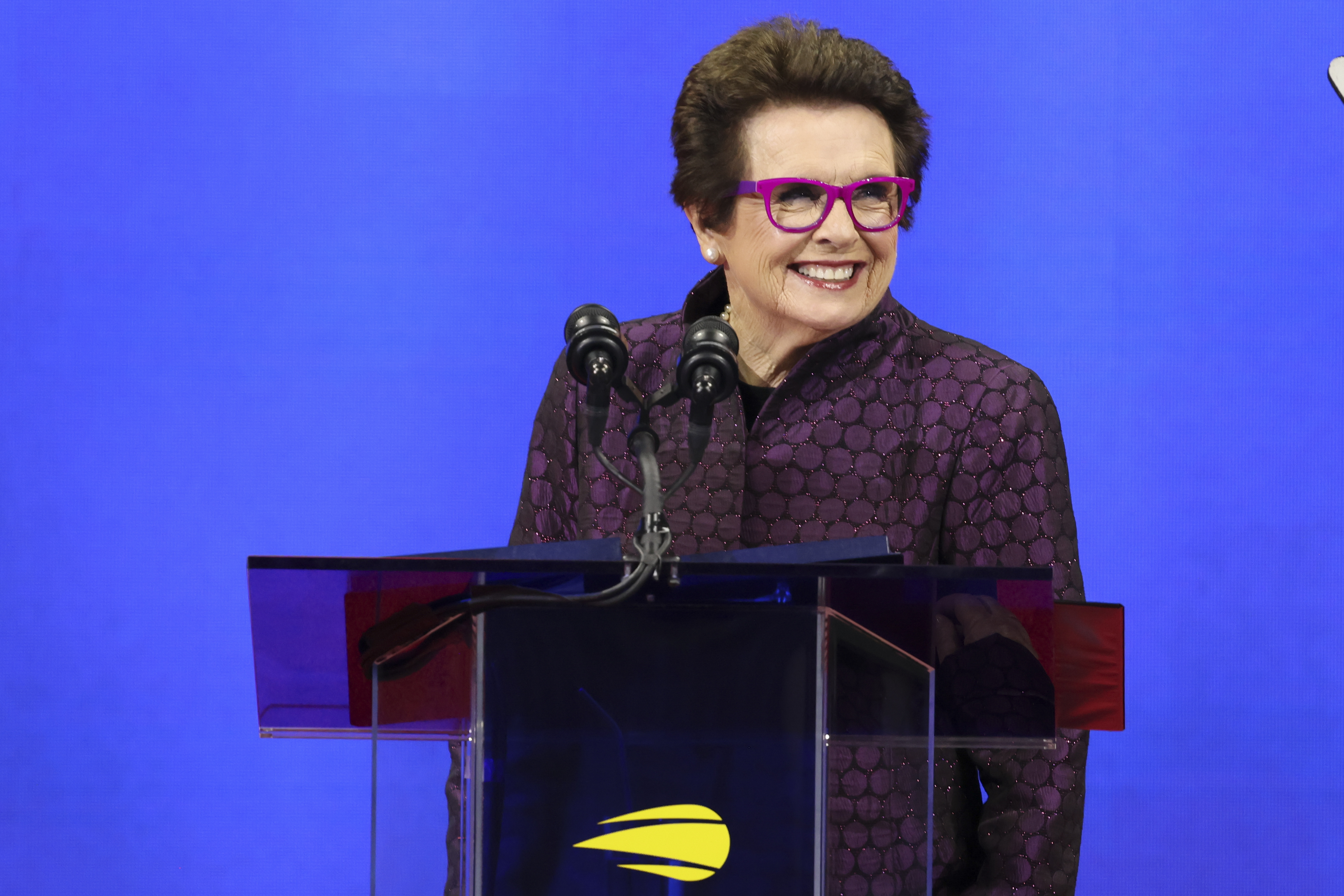 Tennis legend Billie Jean King speaks during the opening ceremony of the of the U.S. Open tennis championships, Monday, Aug. 28, 2023, in New York. 