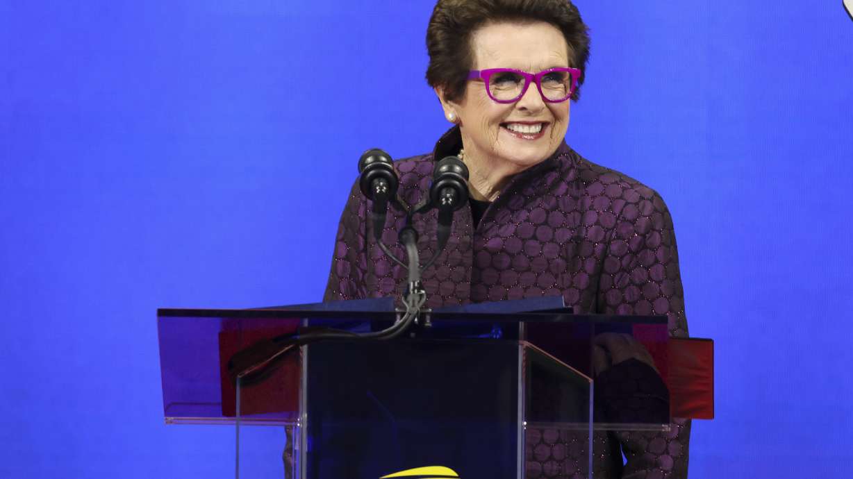 Tennis legend Billie Jean King speaks during the opening ceremony of the of the U.S. Open tennis championships, Monday, Aug. 28, 2023, in New York.