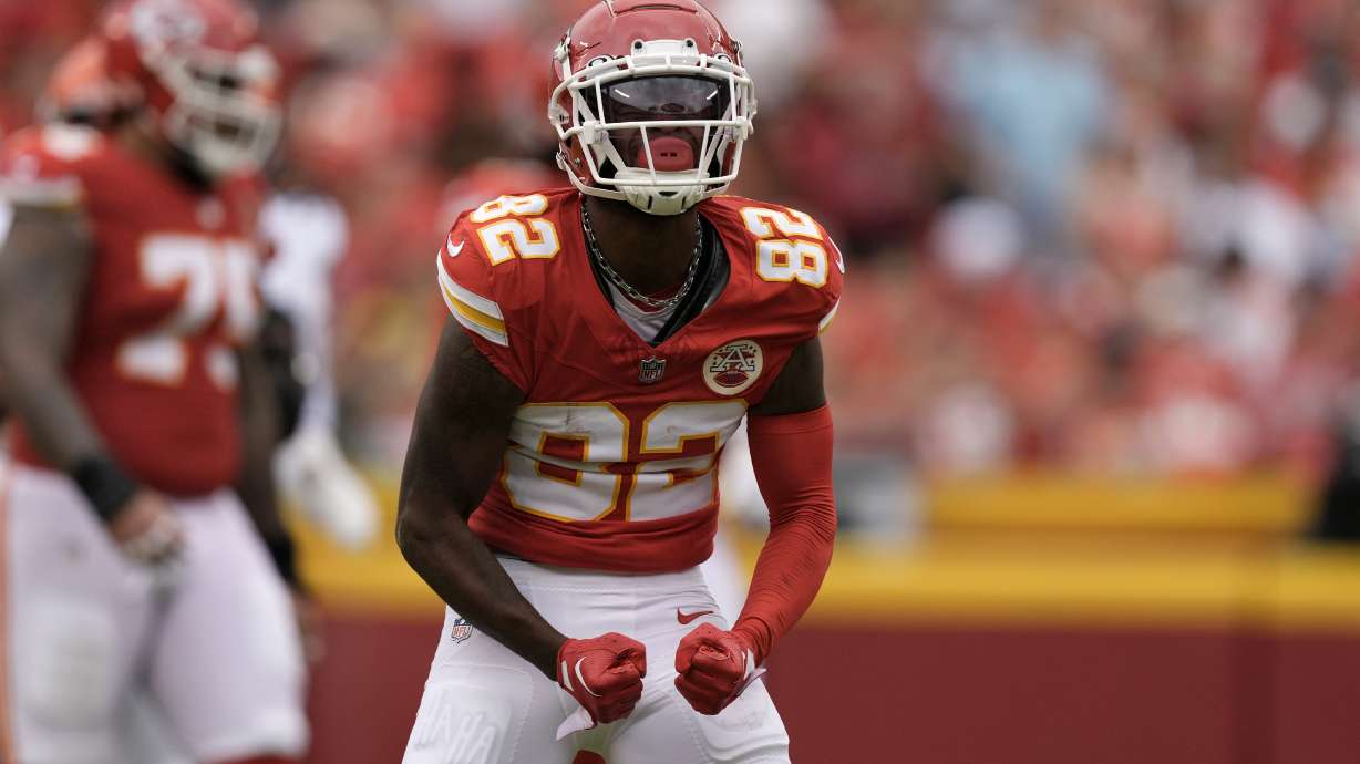 Kansas City Chiefs wide receiver Ihmir Smith-Marsette celebrates after gaining a first down during the first half of an NFL preseason football game against the Cleveland Browns Saturday, Aug. 26, 2023, in Kansas City, Mo.