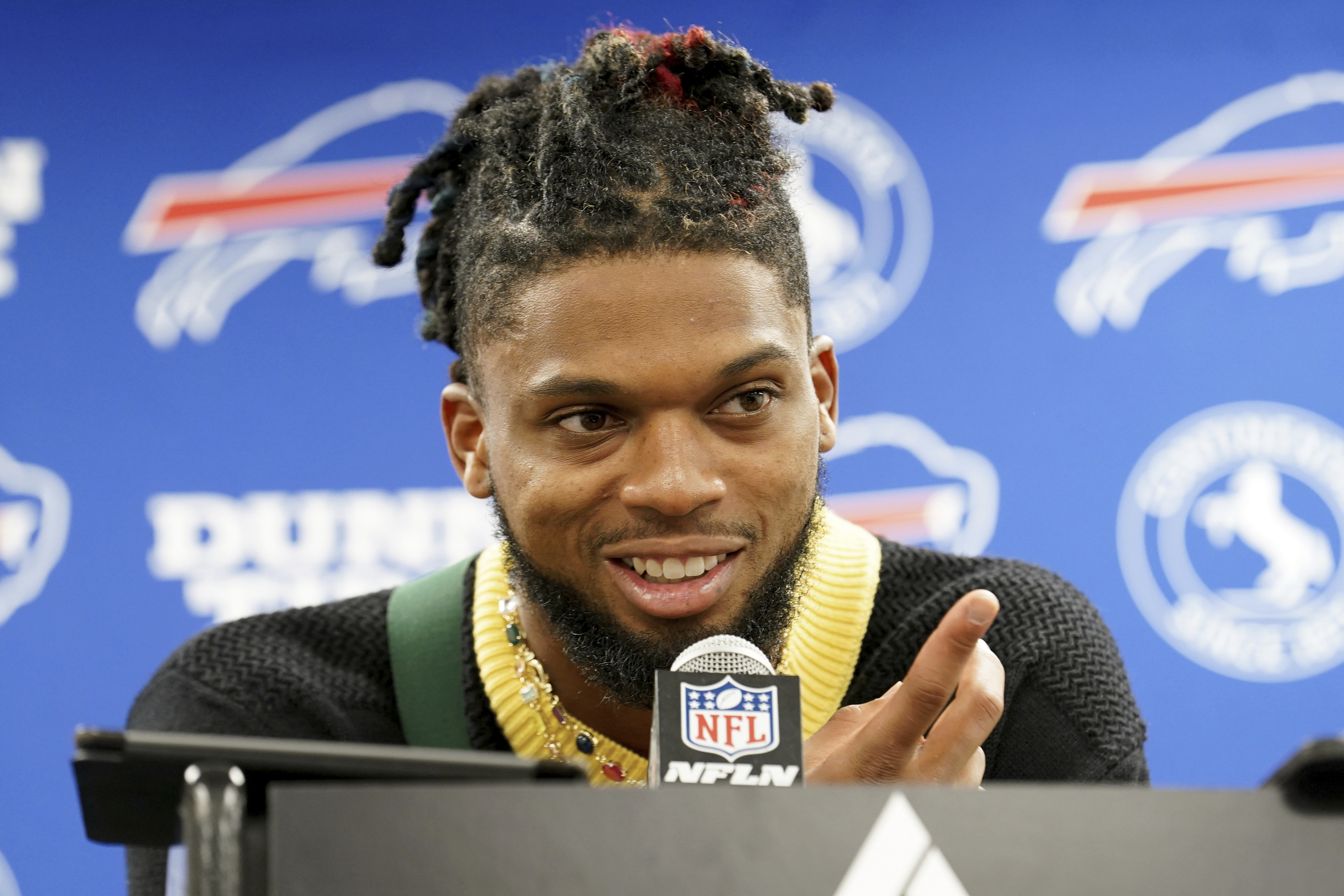 FILE - Buffalo Bills safety Damar Hamlin speaks at a press conference after an NFL football game against the Pittsburgh Steelers in Pittsburgh, Saturday, Aug. 19, 2023. Bills safety Damar Hamlin made the cut, according to a person with direct knowledge of the decision confirmed to The Associated Press on Tuesday, Aug. 29. The person spoke on the condition of anonymity because the Bills have not announced their final cuts in paring their roster to 53 players.