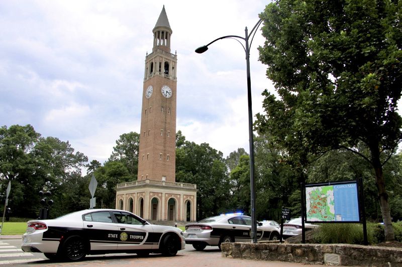 Law enforcement respond to the University of North Carolina at Chapel Hill campus in Chapel Hill, N.C., on Monday after the university locked down and warned of an armed person on campus.