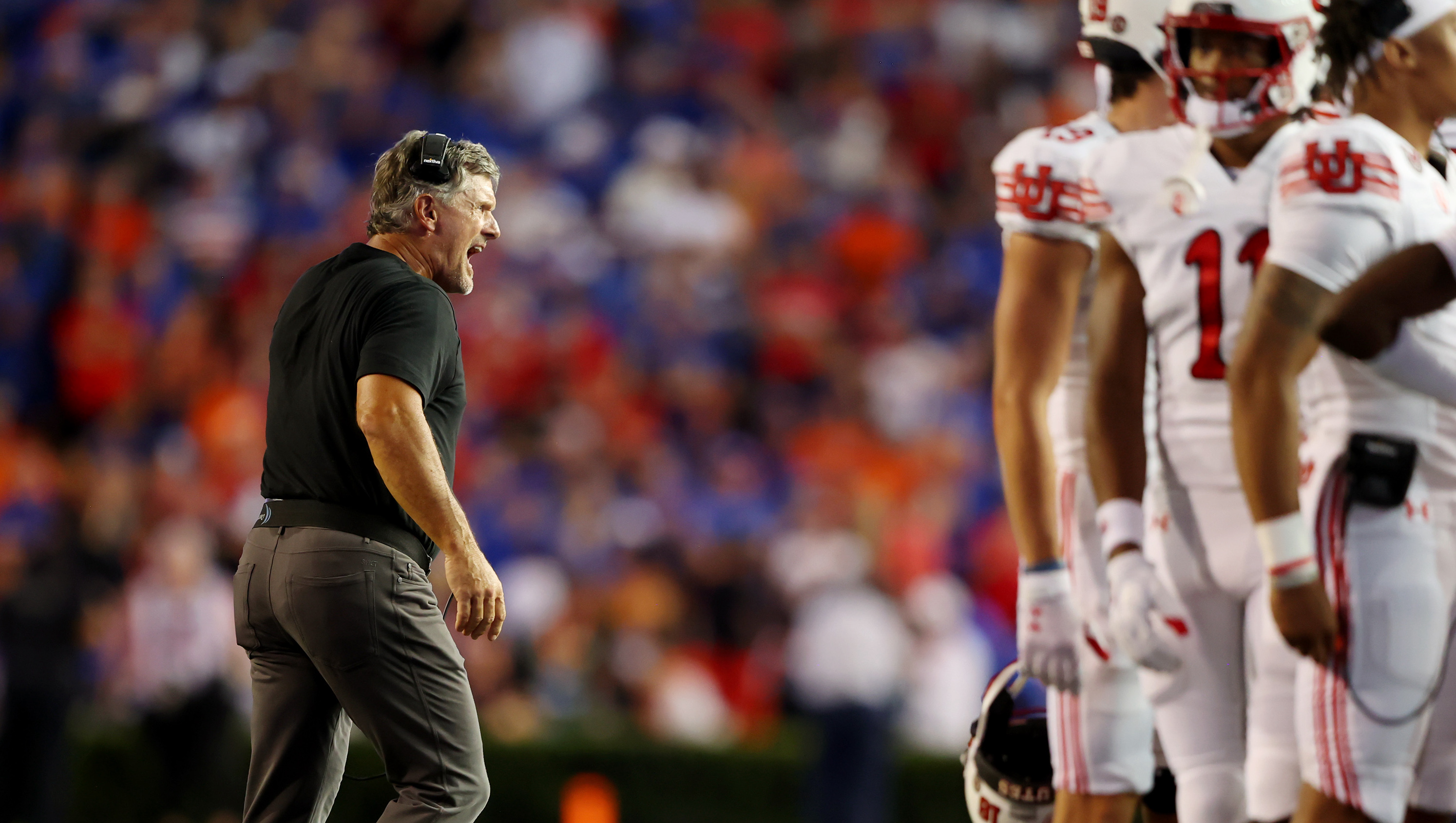 Utah Utes head coach Kyle Whittingham grimaces as he and his players walk off the field after Utah and Florida played in Gainesville, Fla., on Saturday, Sept. 3, 2022. Florida won 29-26.