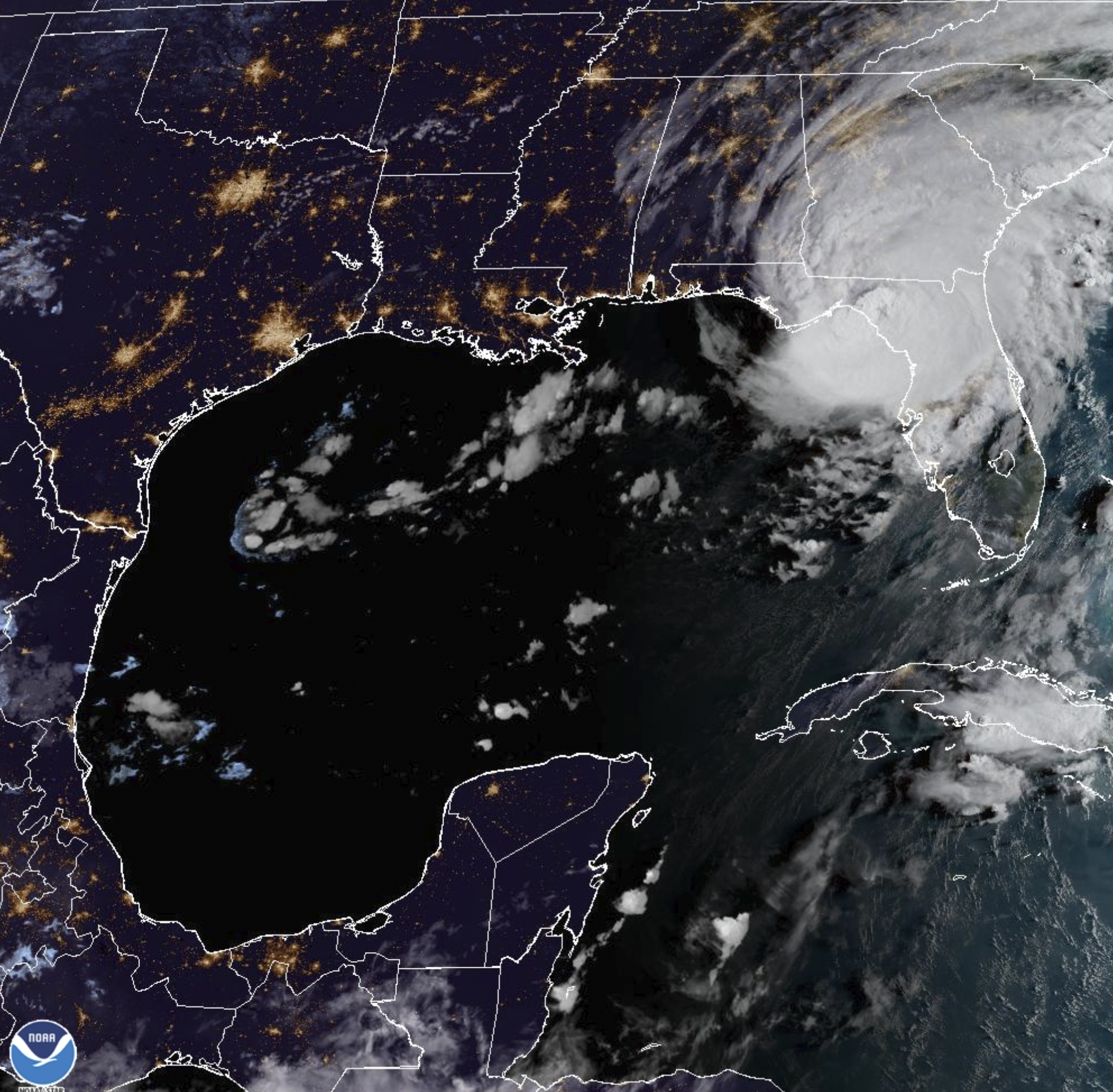 This image provided by NOAA shows shows Hurricane Idalia over Florida's Gulf Coast on Wednesday.