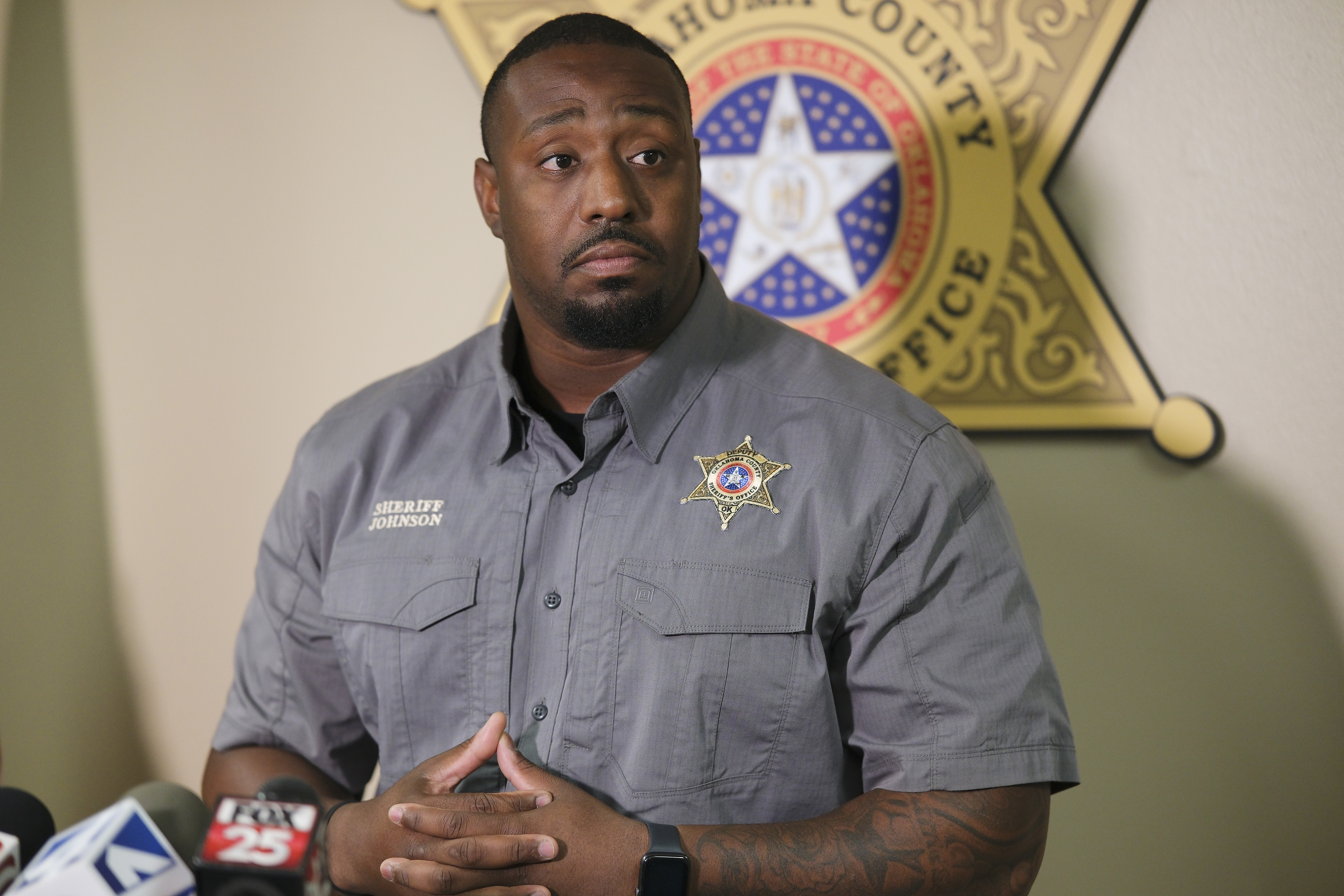 Oklahoma County Sheriff Tommie Johnson III addresses the media in Oklahoma City, Monday, Aug. 28, 2023, during a news conference about the shooting incident at the Del City-Choctaw high school football game on Friday night, Aug. 25.