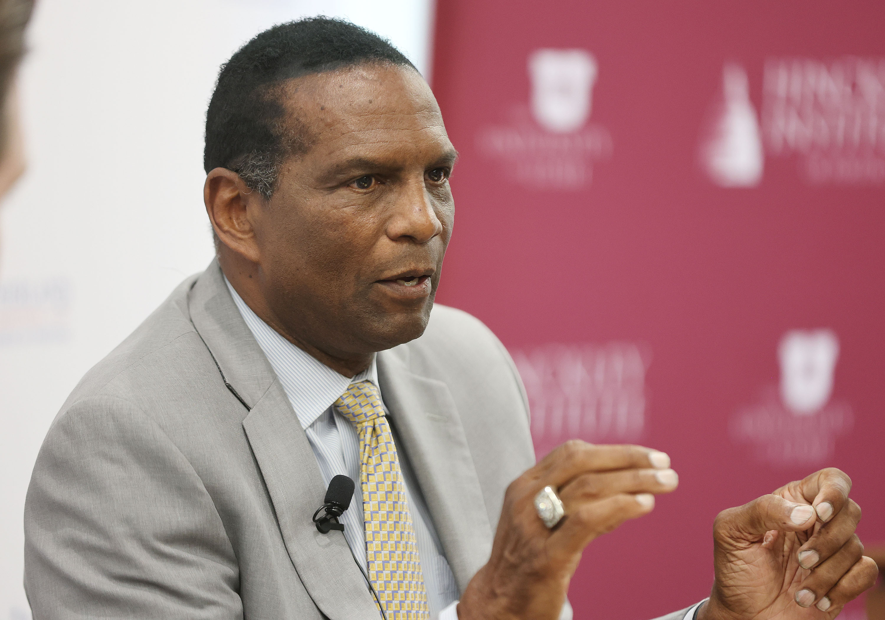 Rep. Burgess Owens, R-Utah, speaks at the University of Utah Hinckley Institute in Salt Lake City on Aug. 30, 2023. Owens is teaming up with a Democratic colleague on a bill to close gaps in the federal government's efforts to stop child trafficking.