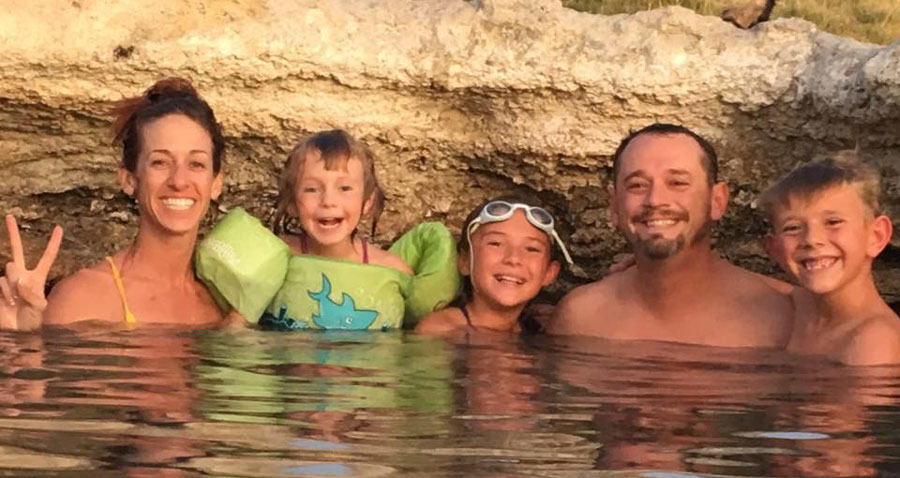 Lauren Starcevich, left, and her daughter, Emerson, and with her fiancee, Michael Durmeier, and his kids, Georgia and Jackson, in 2021. Emerson and Jackson are the only ones who survived a rollover crash on a Nevada highway in March 2021.