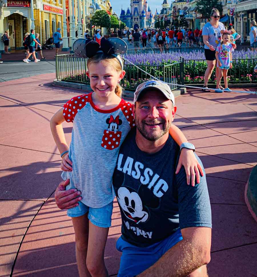 Emerson Myers, left, is pictured with her dad, Josh, at Disney World in Florida. It’s been nearly two and a half years since she walked away from a rollover crash on a Nevada highway that took her mom’s life.