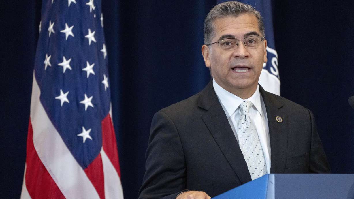 Health and Human Services Secretary Xavier Becerra speaks Aug. 1 at the State Department in Washington. The agency is recommending a new marijuana policy.