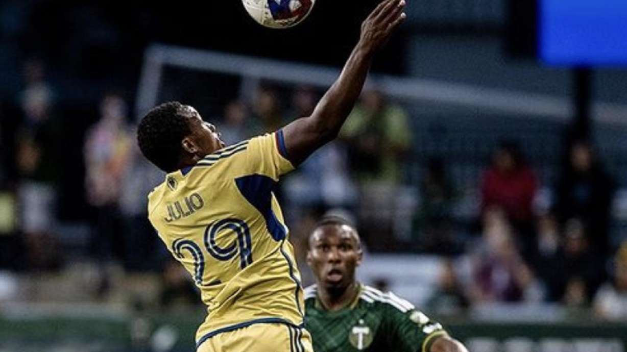 Anderson Julio goes up for a header against the Portland Timbers.