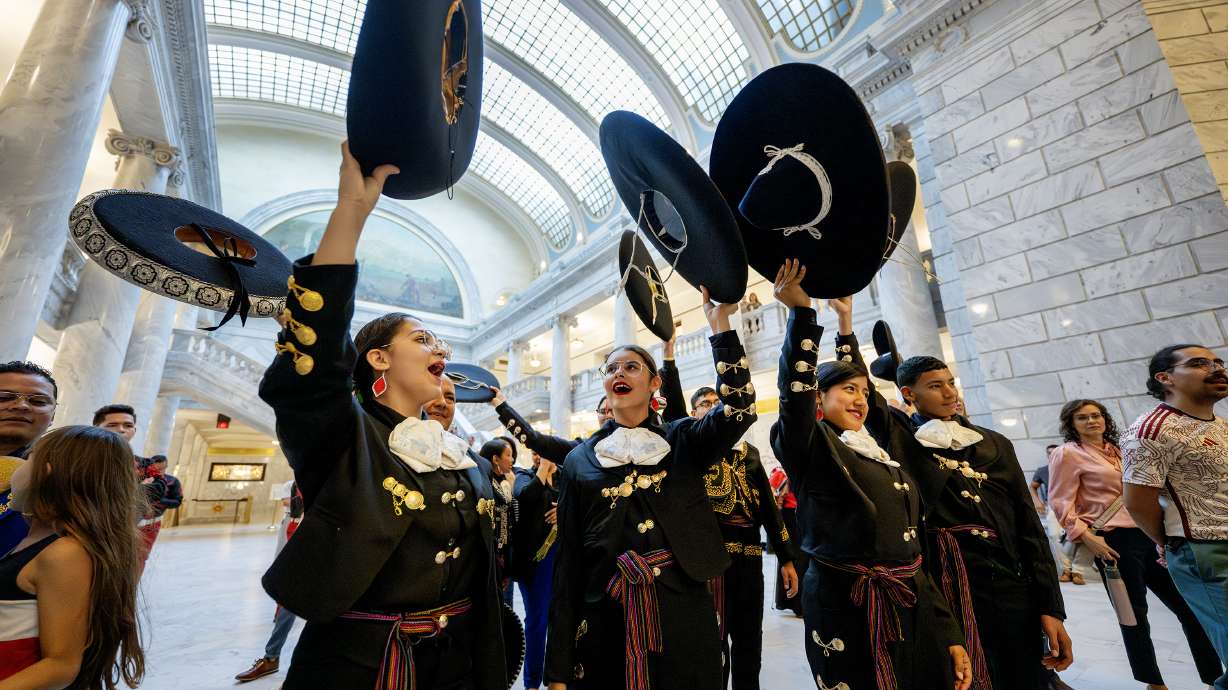 Young mariachi band members cheer during Sones de Mariachi en Utah, a mariachi competition at the state Capitol on Aug. 30, 2023. A mariachi festival is coming to downtown Salt Lake City on Friday.