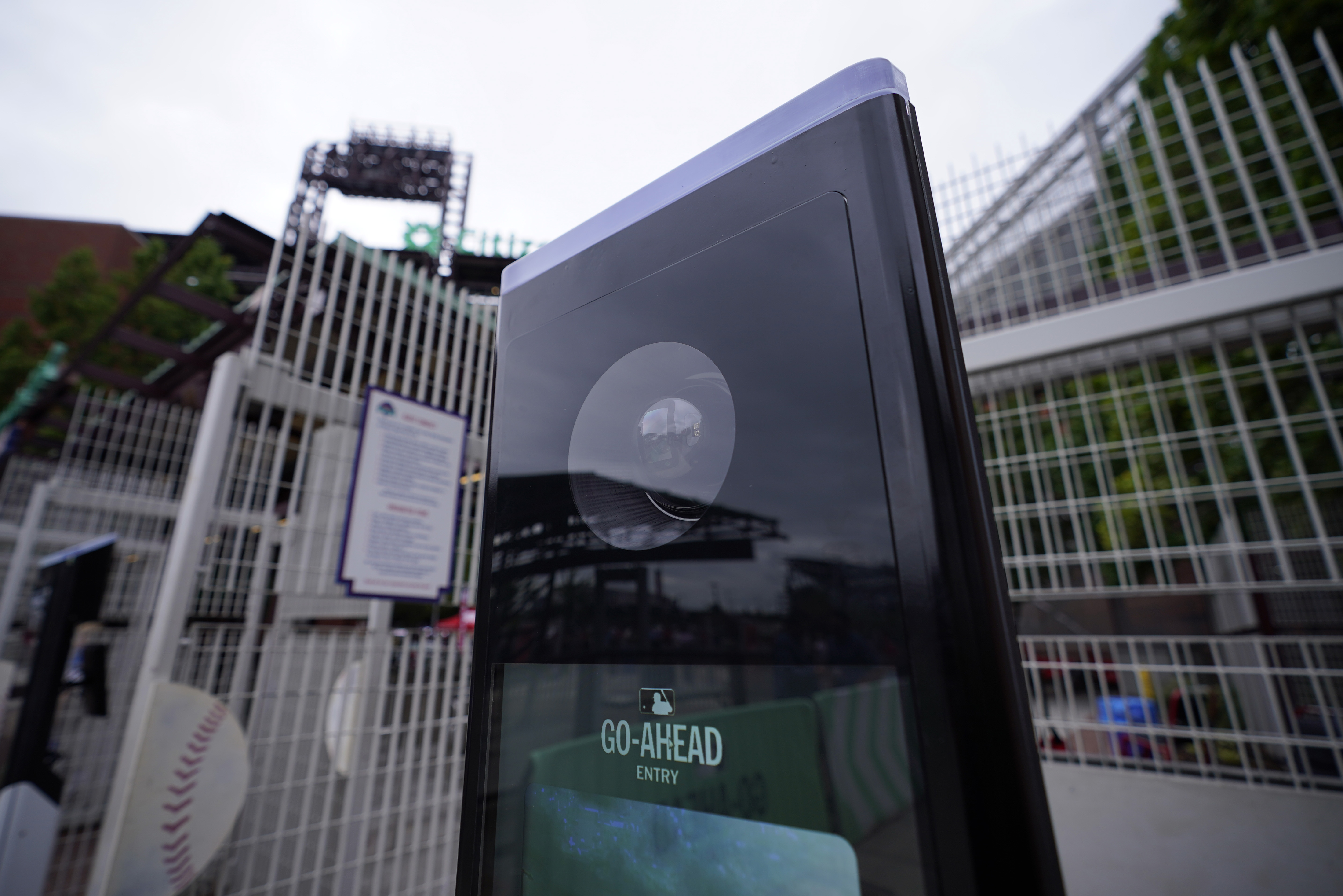 A facial scan camera is seen at Citizens Bank Park before a baseball game between the Los Angeles Angels and the Philadelphia Phillies, Tuesday, Aug. 29, 2023, in Philadelphia. The Phillies ballpark is the site of an MLB pilot program that allows ticketed fans to walk into the stadium just through facial recognition.