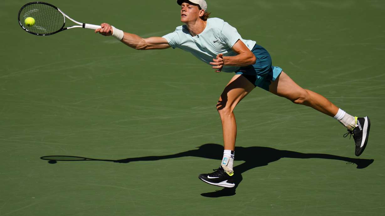 Jannik Sinner, of Italy, returns a shot to Lorenzo Sonego, of Italy, during the second round of the U.S. Open tennis championships, Thursday, Aug. 31, 2023, in New York.