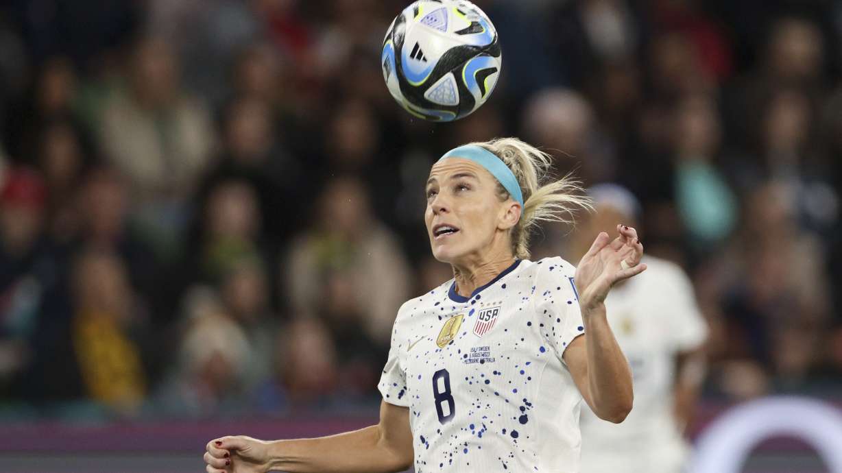 United States' Julie Ertz heads the ball during the Women's World Cup round of 16 soccer match between Sweden and the United States in Melbourne, Australia, Sunday, Aug. 6, 2023.