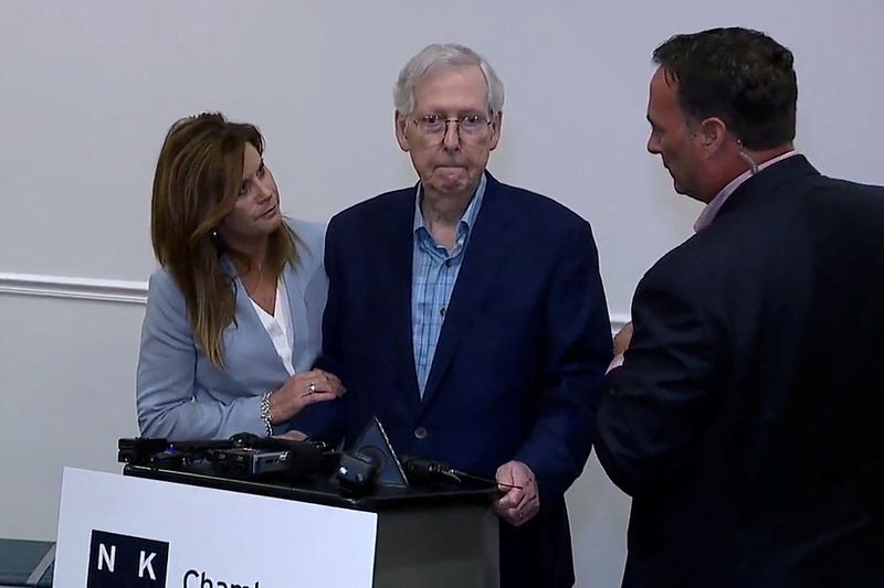 Top U.S. Senate Republican Mitch McConnell appears to freeze up Wednesday for more than 30 seconds during a public appearance before he was escorted away, the second such incident in a little more than a month, in Covington, Kentucky.