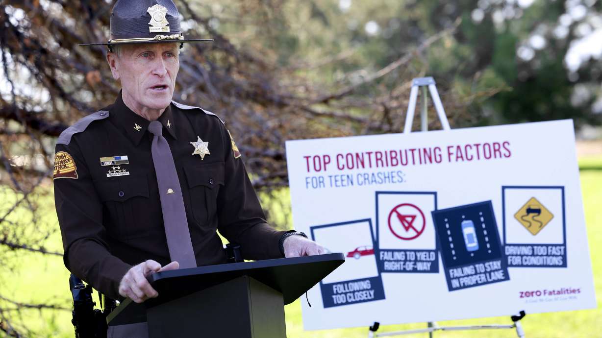 Colonel Michael Rapich, deputy commissioner, Utah Highway Patrol, releases preliminary traffic fatality numbers for the 100 deadliest days of summer 2023 at Sugar House Park Thursday. So far this summer, there have been 82 lives lost compared to the 98 in 2022.