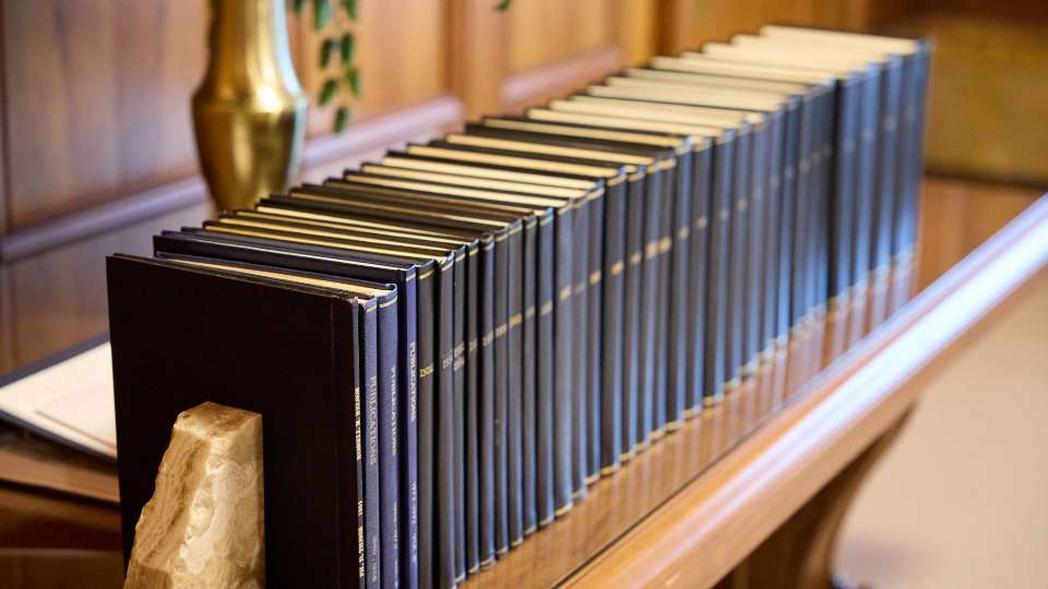 President Russell M. Nelson of The Church of Jesus Christ of Latter-day Saints donated 35 volumes of medical journals and research to the University of Utah School of Medicine. The photograph was taken Wednesday in the Church Administration Building in Salt Lake City.