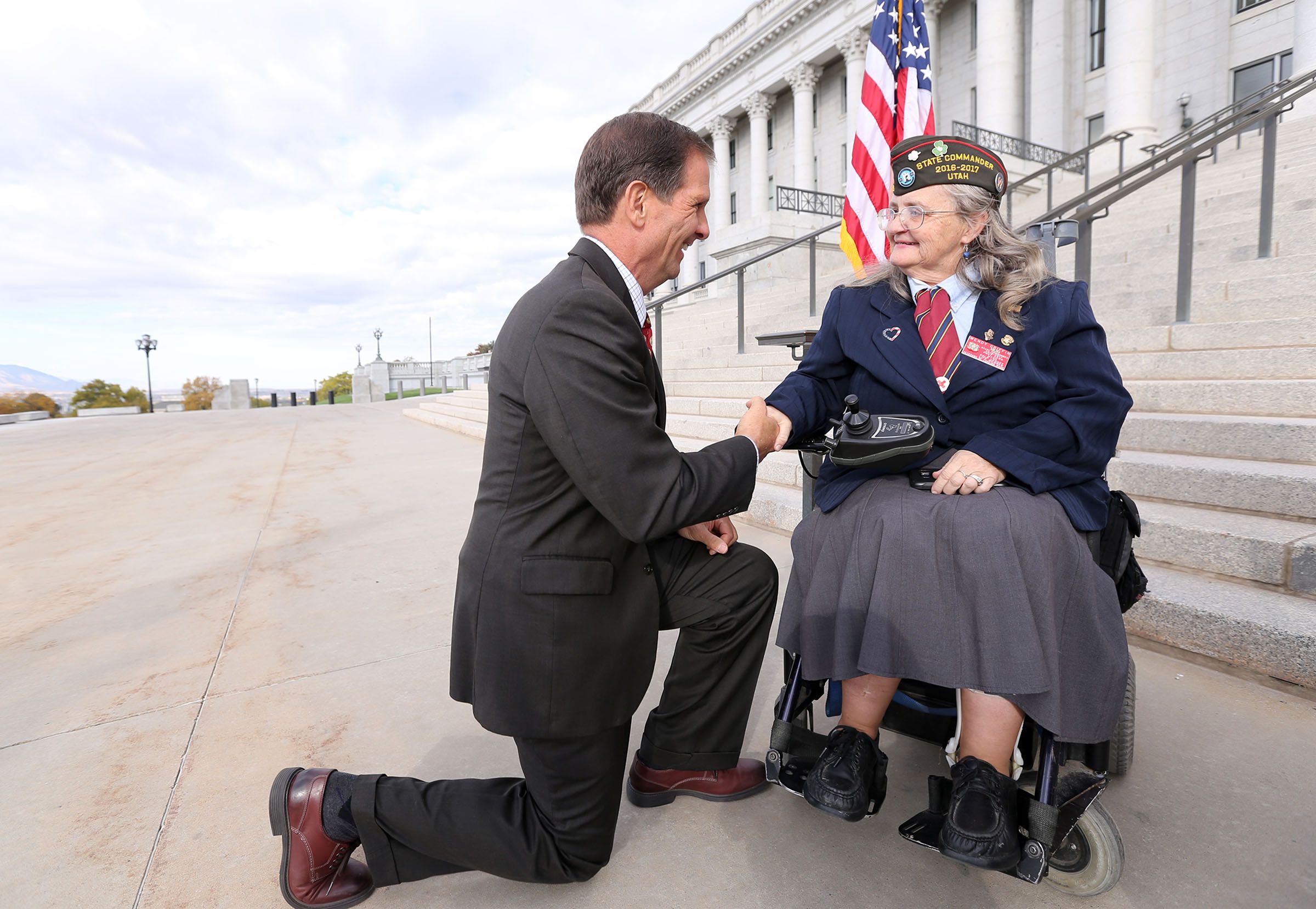 Rep. Chris Stewart, R-Utah, shakes hands with Wendy Griffin after the announcement of a new Utah Cold War Victory Medal at the state Capitol in Salt Lake City on Oct. 25, 2016.