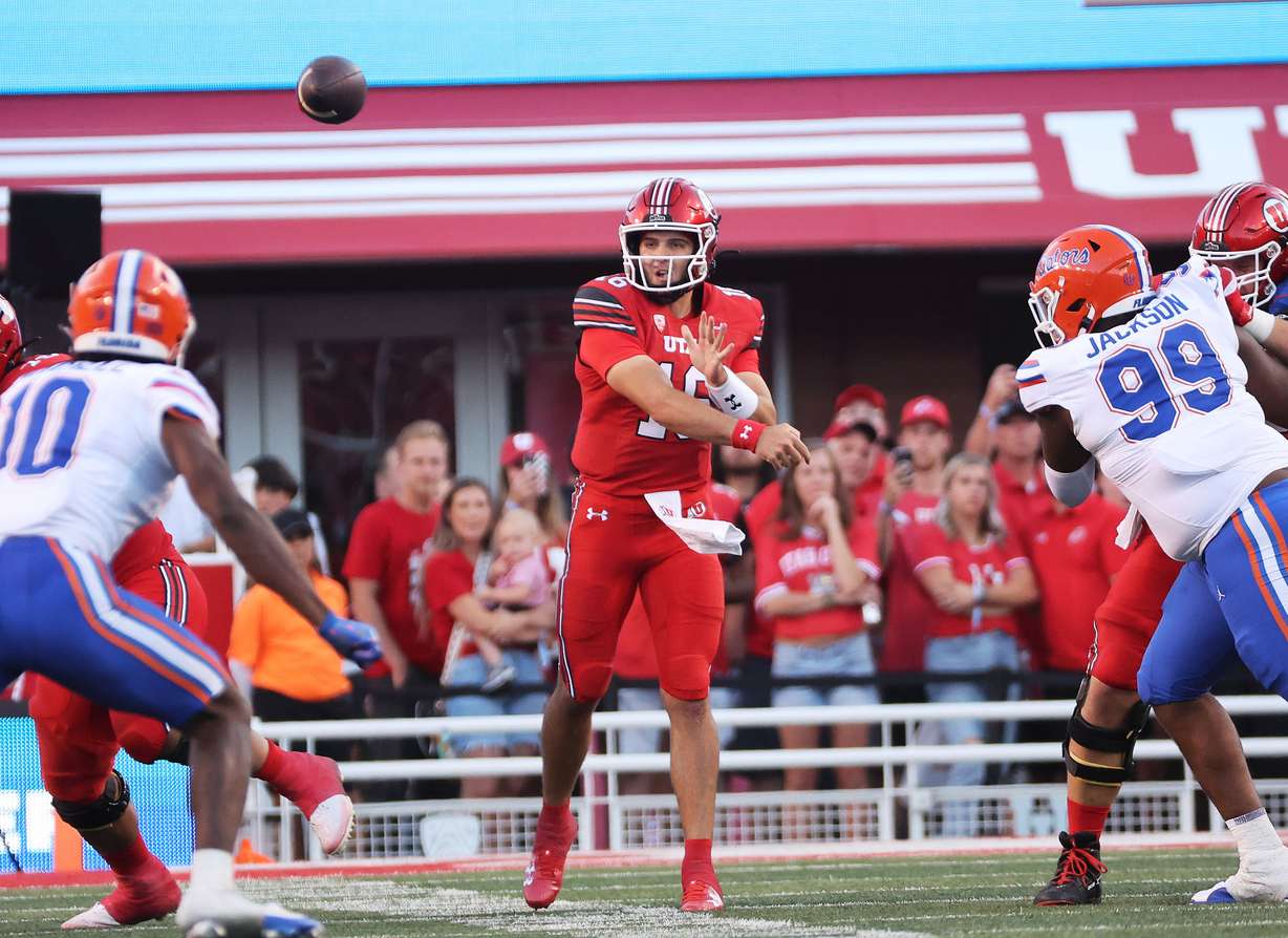 Utah Utes quarterback Bryson Barnes (16) shows against the Florida Gators in Salt Lake City on Thursday, Aug. 31, 2023 during the season opener.