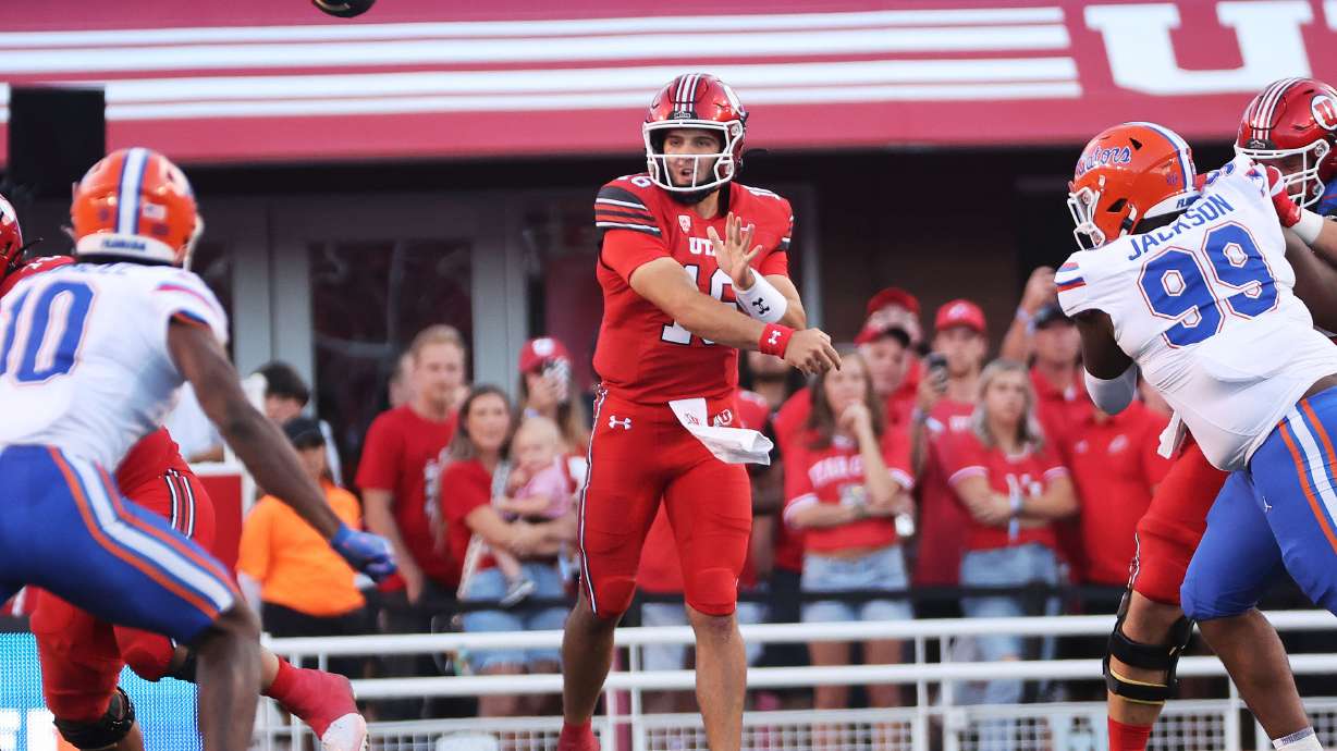 Utah Utes quarterback Bryson Barnes (16) shows against the Florida Gators in Salt Lake City on Thursday, Aug. 31, 2023 during the season opener.