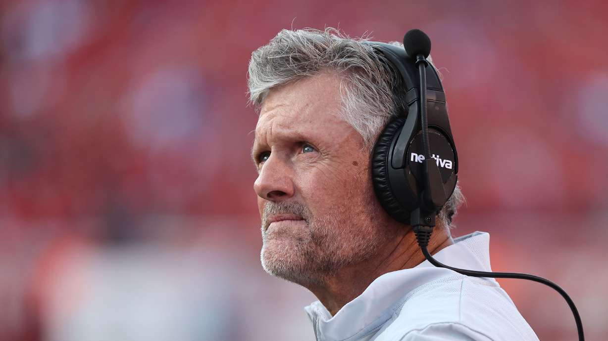 Utah Utes head coach Kyle Whittingham watches the clock in Salt Lake City on Thursday, Aug. 31, 2023 during the season opener.
