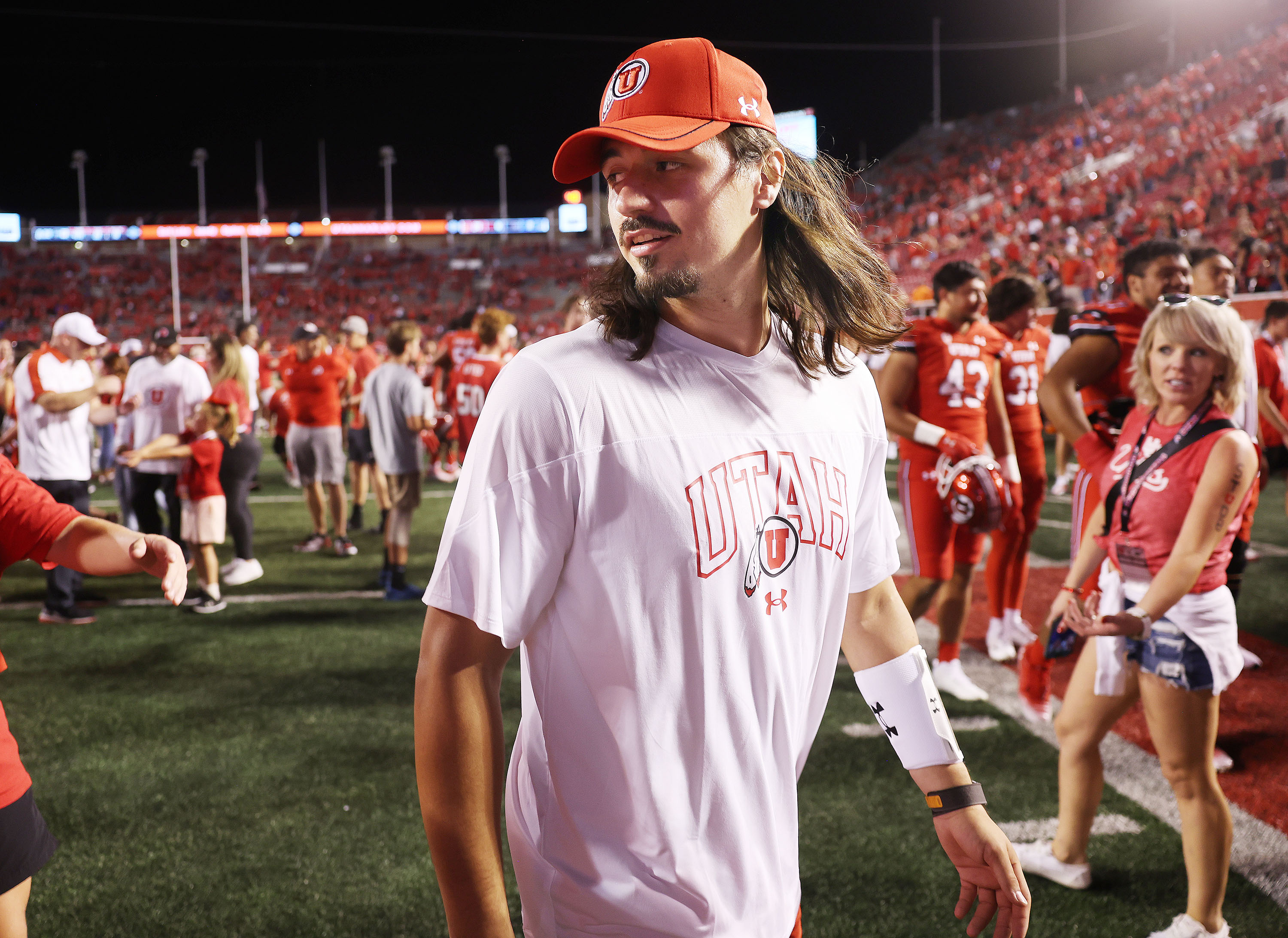 Injured Utah Utes quarterback Cameron Rising (7) walks off the field after the Ute victory in Salt Lake City on Thursday, Aug. 31, 2023 during the season opener. Utah won 24-11.