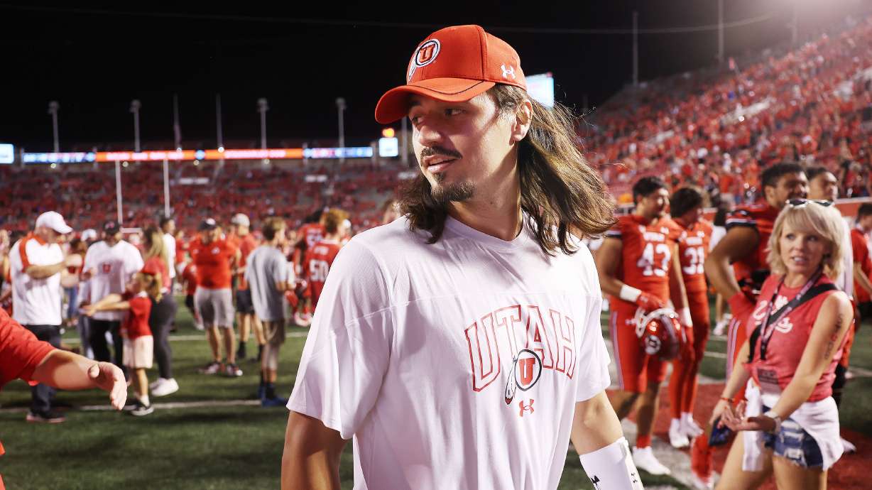 Injured Utah Utes quarterback Cameron Rising (7) walks off the field after the Ute victory in Salt Lake City on Thursday, Aug. 31, 2023 during the season opener. Utah won 24-11.