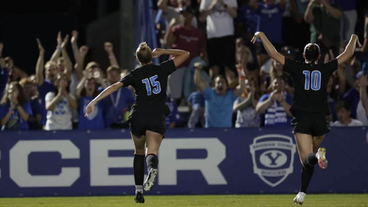 BYU forward Ellie Walbruch, a Highland native who transferred from UCLA, celebrates her goal against the Bruins, Thursday, Aug. 31, 2023, at South Field in Provo.