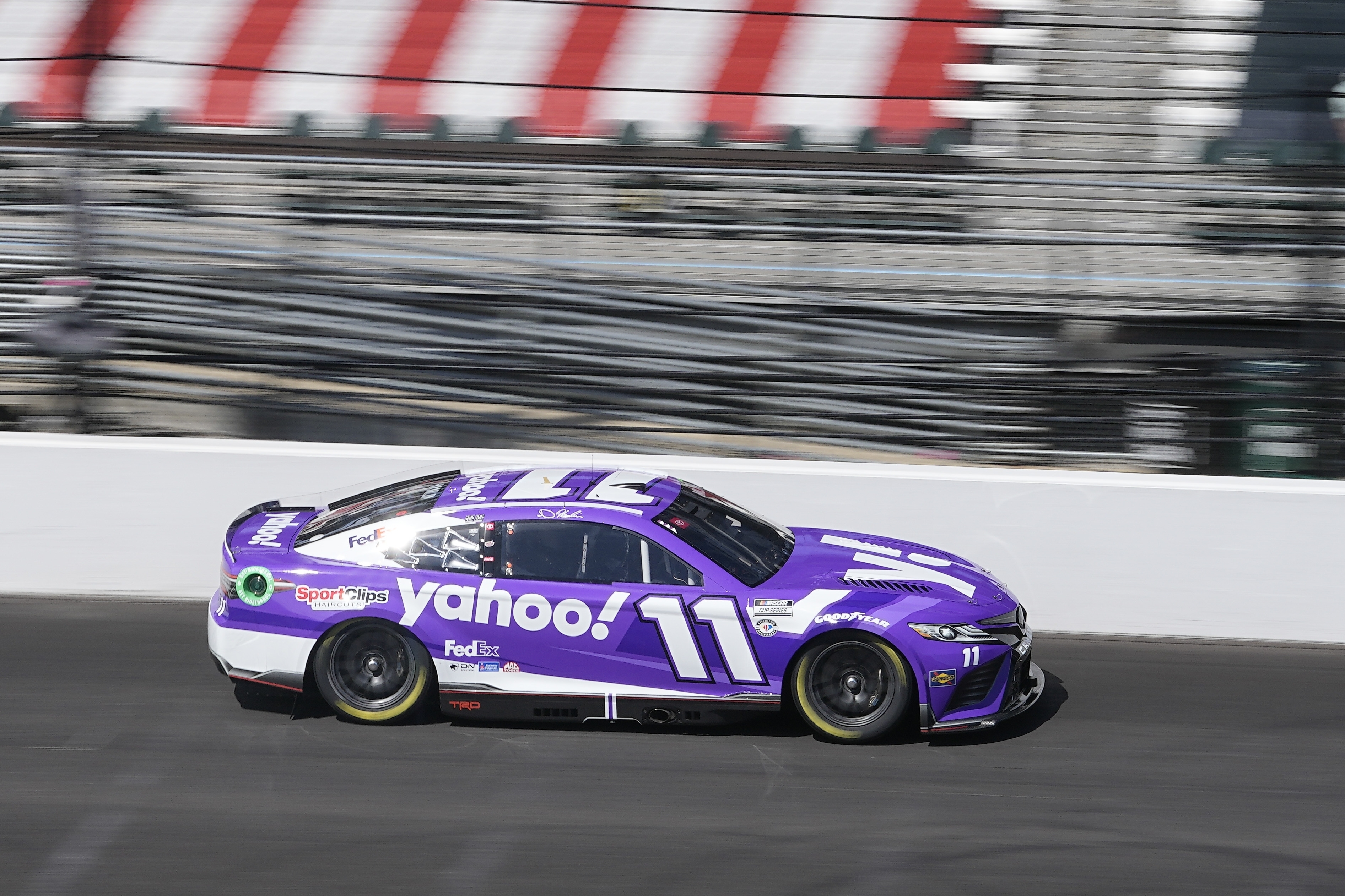 Denny Hamlin drives during a practice session for the NASCAR Cup Series auto race at Indianapolis Motor Speedway, Saturday, Aug. 12, 2023, in Indianapolis. 