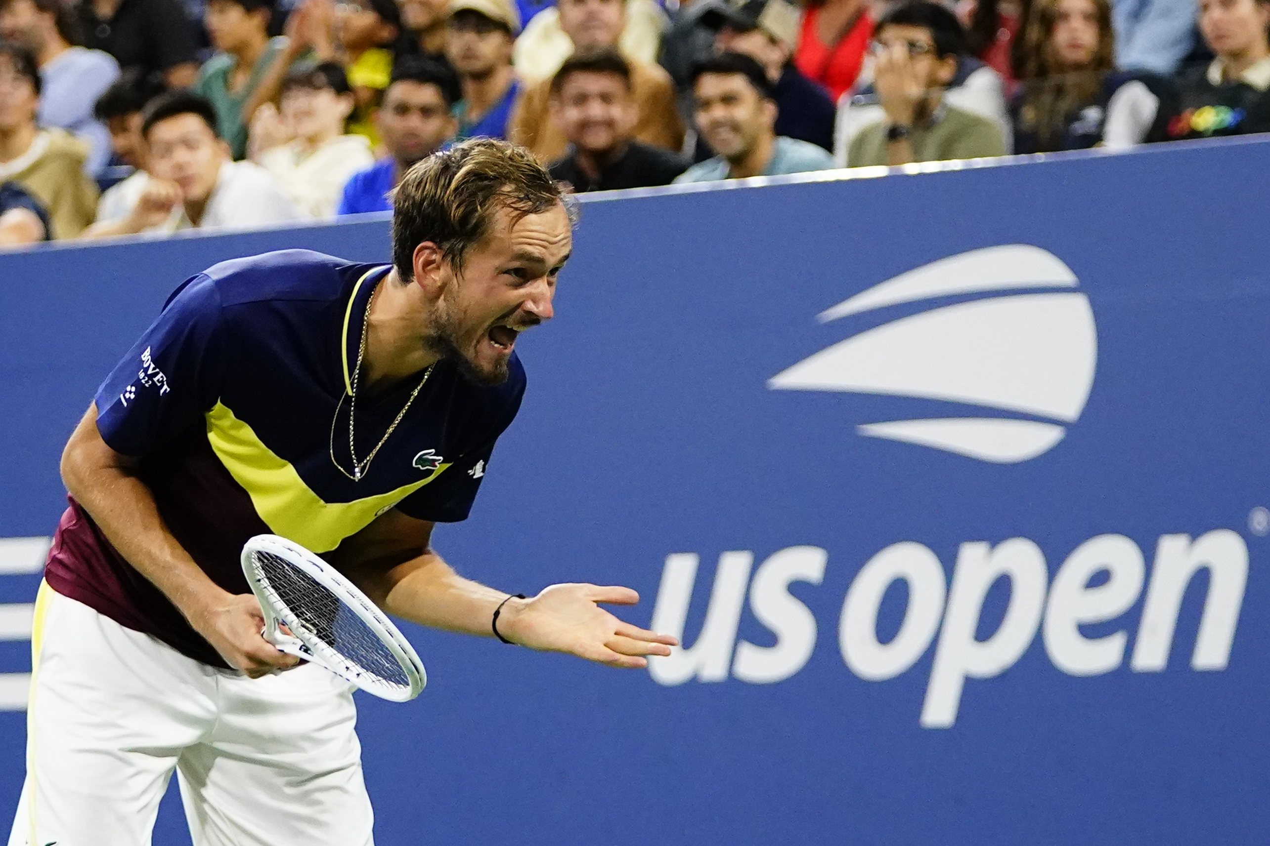Daniil Medvedev, of Russia, reacts during a match against Christopher O'Connell, of Australia, at the second round of the U.S. Open tennis championships, Friday, Sept. 1, 2023, in New York. 