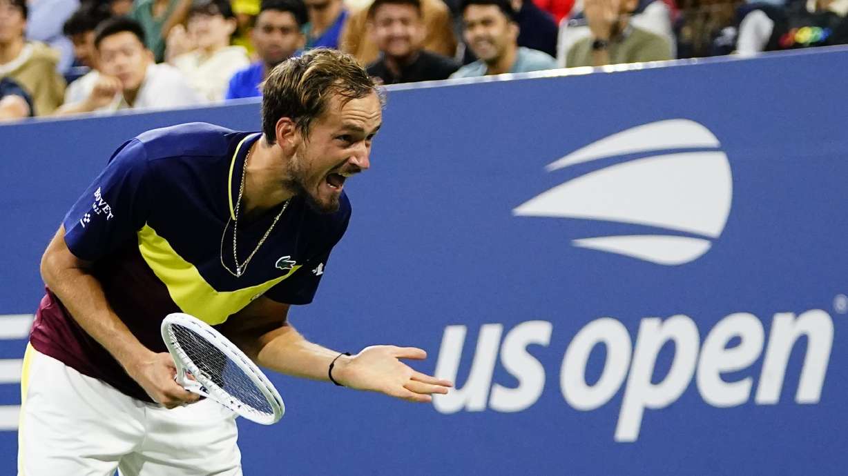 Daniil Medvedev, of Russia, reacts during a match against Christopher O'Connell, of Australia, at the second round of the U.S. Open tennis championships, Friday, Sept. 1, 2023, in New York.