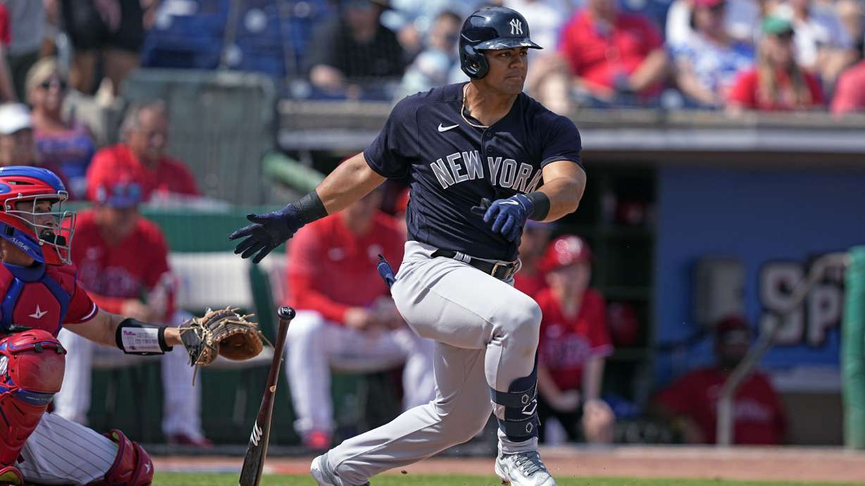 FILE - New York Yankees' Jasson Domínguez grounds out during the second inning of the team's spring training baseball game against the Philadelphia Phillies on Feb. 25, 2023, in Clearwater, Fla. Yankees owner Hal Steinbrenner said he's excited to see what an influx of young players will bring to the major league team over the final weeks of a lost season. The Yankees plan to call up top prospects Domínguez and Austin Wells on Friday, Sept. 1, when active major league rosters expand from 26 to 28.