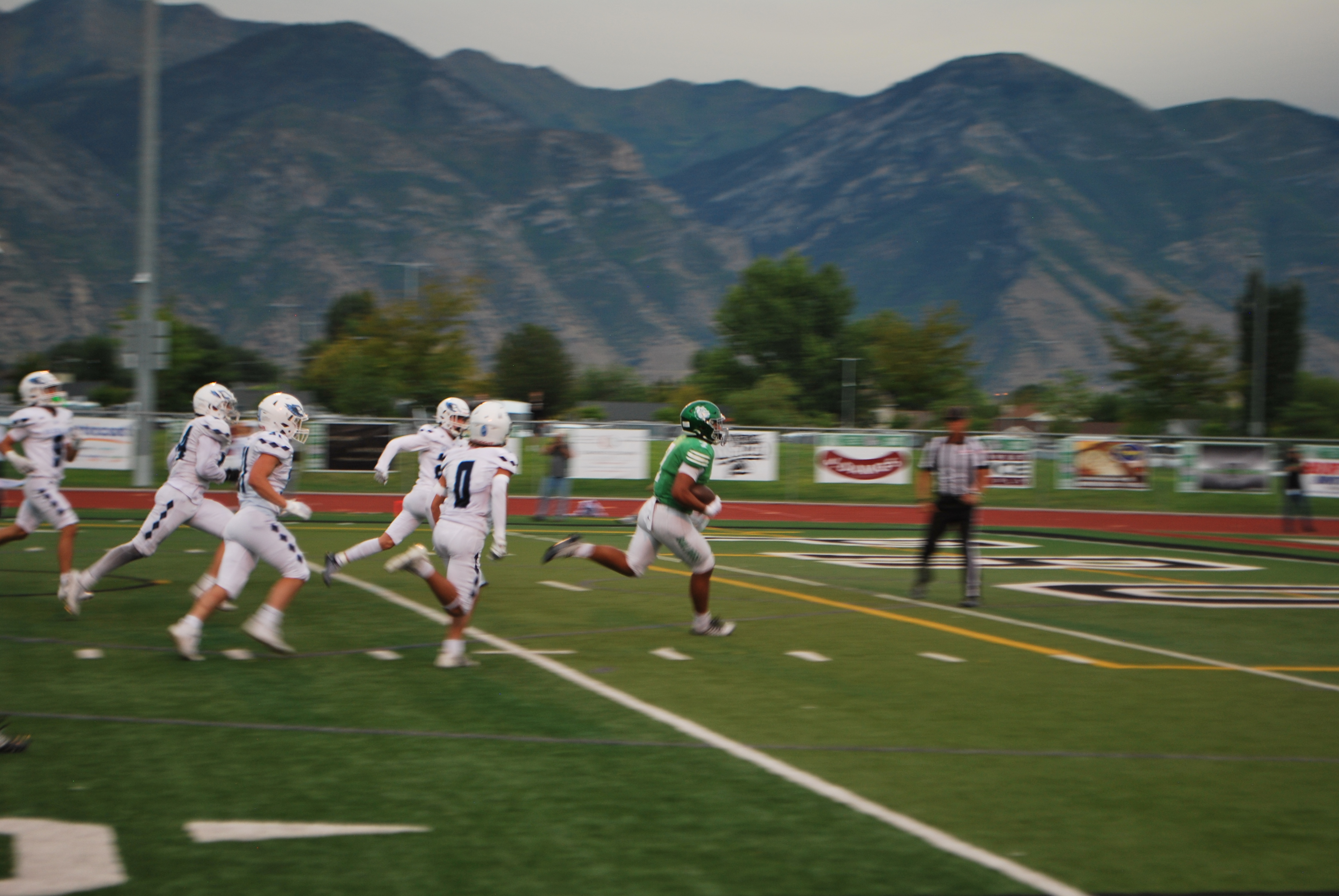 Provo High takes down Salem Hills in a 35-0 sweep. Pictured: Bulldog running back Feitagai Lesa scores his second touchdown of the night in Provo on Sep. 1, 2023. 