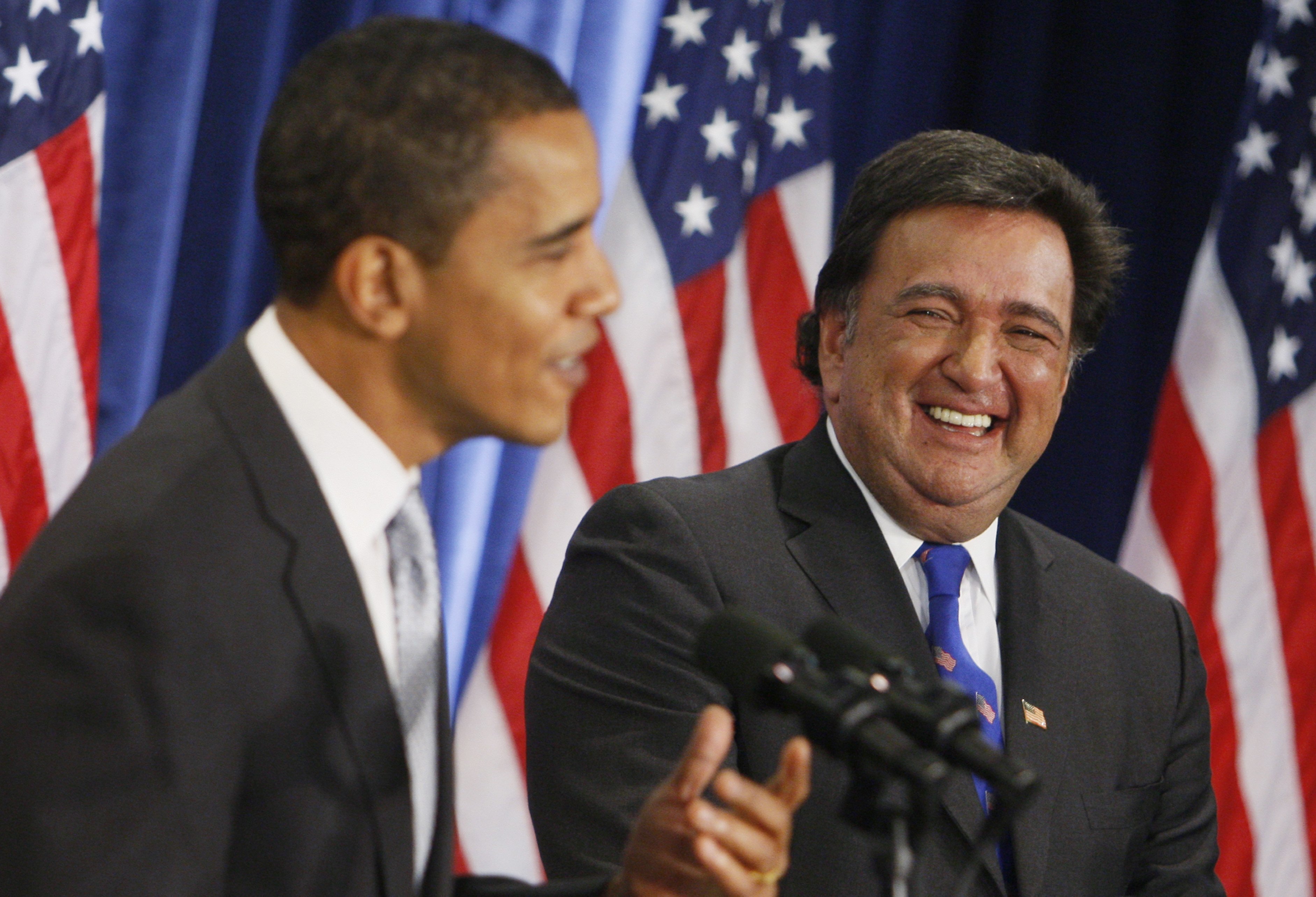 President-elect Barack Obama and Commerce Secretary designate New Mexico Gov. Bill Richardson laugh after a question was asked about Richardson's beard, Wednesday, Dec. 3, 2008, during a news conference in Chicago. Richardson, a two-term Democratic governor of New Mexico who later was the U.S. ambassador to the United Nations and dedicated his post-political career to working to free Americans detained overseas, has died, Saturday.