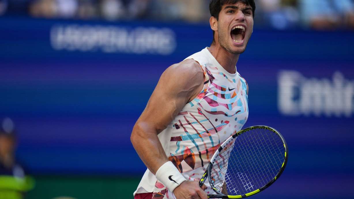 Carlos Alcaraz, of Spain, reacts during a match against Daniel Evans, of the United Kingdom, during the third round of the U.S. Open tennis championships, Saturday, Sept. 2, 2023, in New York.