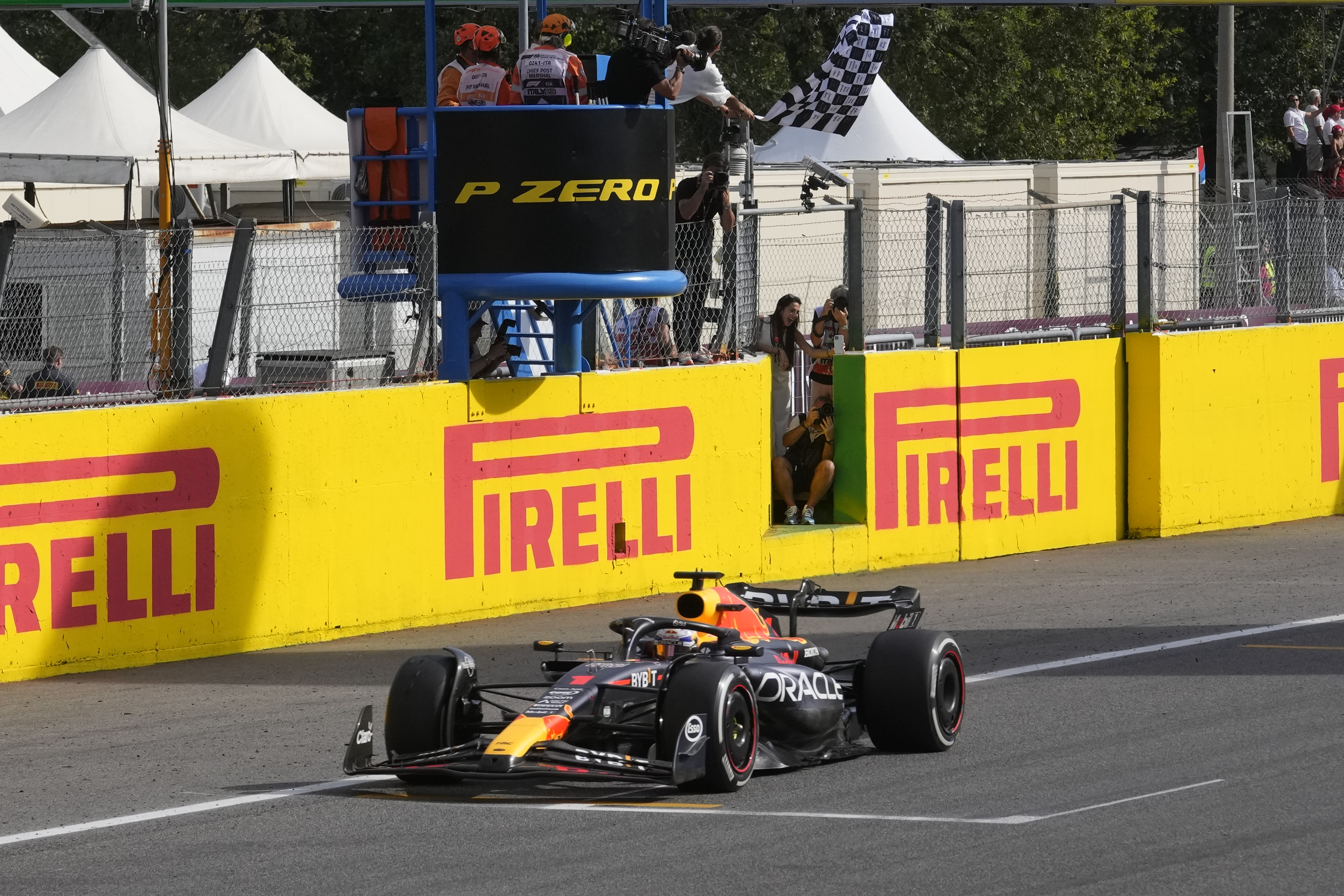 Red Bull driver Max Verstappen of the Netherlands crosses the finish line to win the Formula One Italian Grand Prix auto race, at the Monza racetrack, in Monza, Italy, Sunday, Sept. 3, 2023.