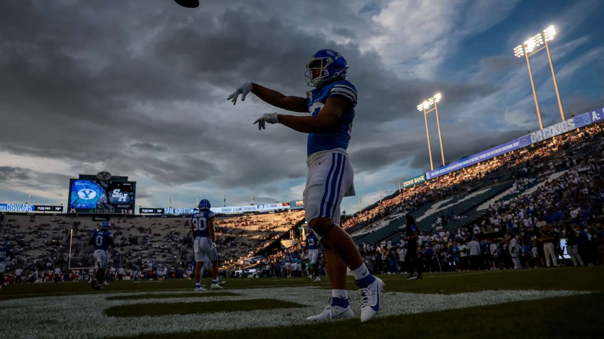 BYU Cougars running back LJ Martin (27) warms up before the game against the Sam Houston Bearkats at LaVell Edwards Stadium in Provo on Saturday, Sept. 2, 2023.