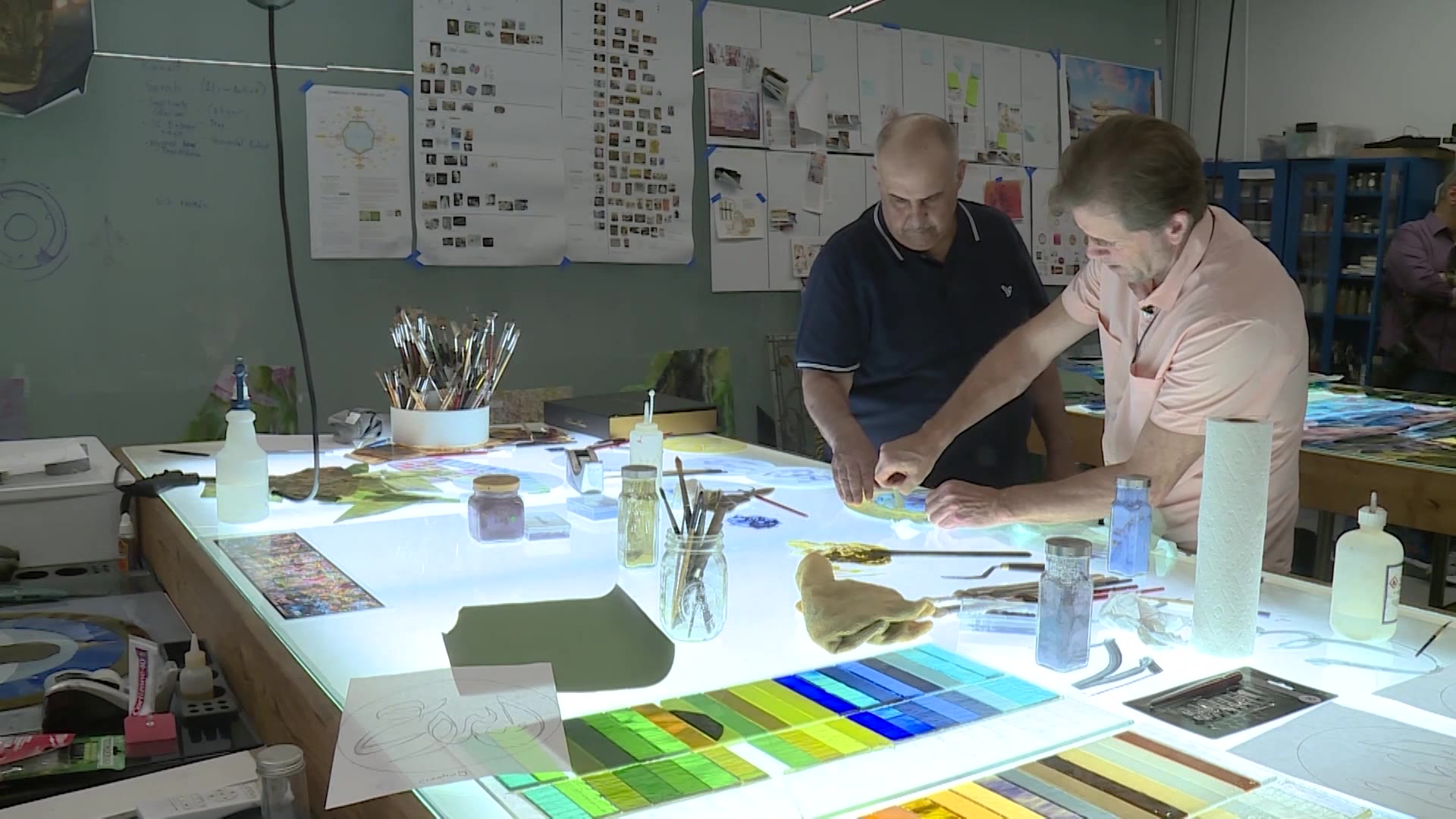 Ali Albaddah and Tom Holdman working together in Lehi. They are creating a one-of-its-kind Sphere of Light – a building of stained glass.