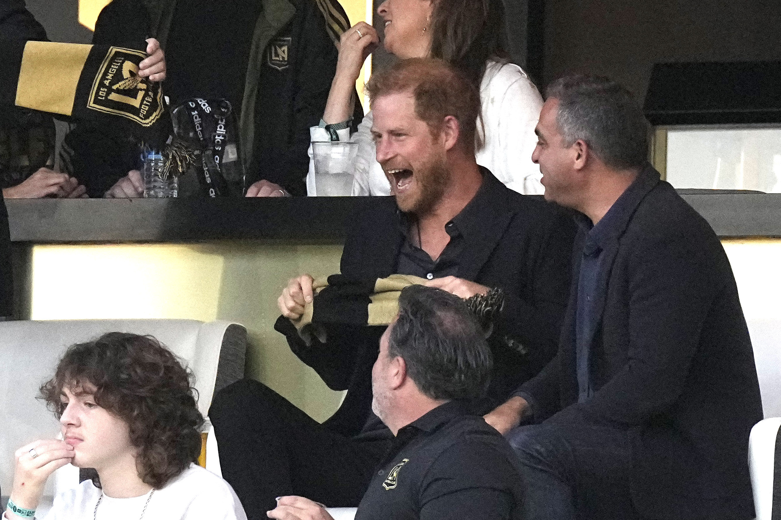 Harry, Duke of Sussex, watches during the first half of a Major League Soccer match between Los Angeles FC and Inter Miami Sunday, Sept. 3, 2023, in Los Angeles. 