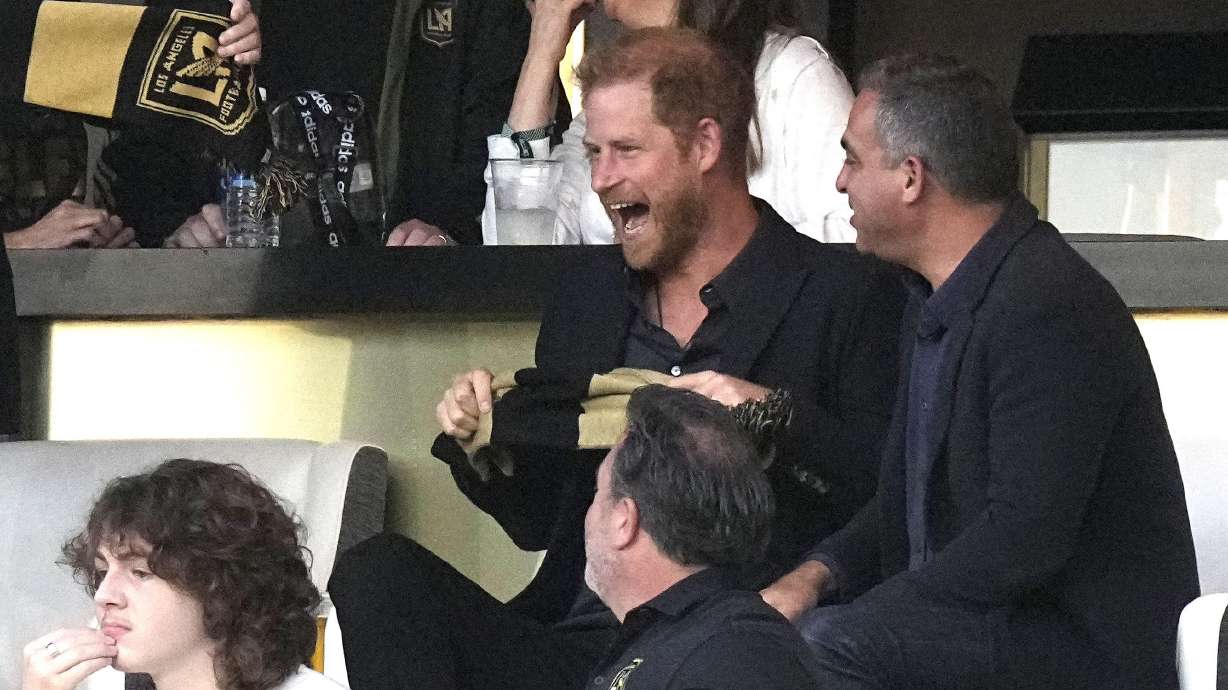 Harry, Duke of Sussex, watches during the first half of a Major League Soccer match between Los Angeles FC and Inter Miami Sunday, Sept. 3, 2023, in Los Angeles.