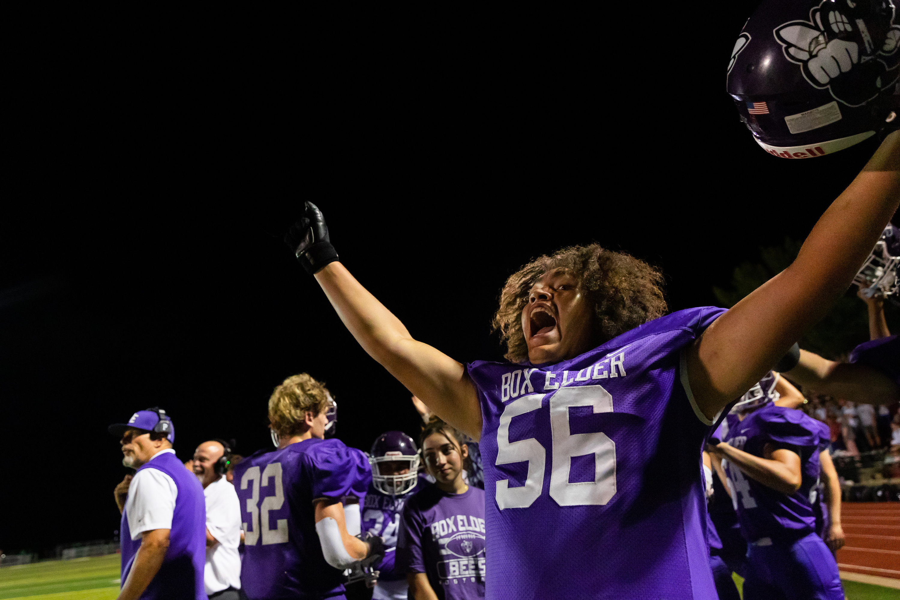 Box Elder High School’s John Lowder celebrates during a football game that ended in a 42-12 victory over Northridge High School at Weber High School in Pleasant View on Friday, Sept. 1, 2023.